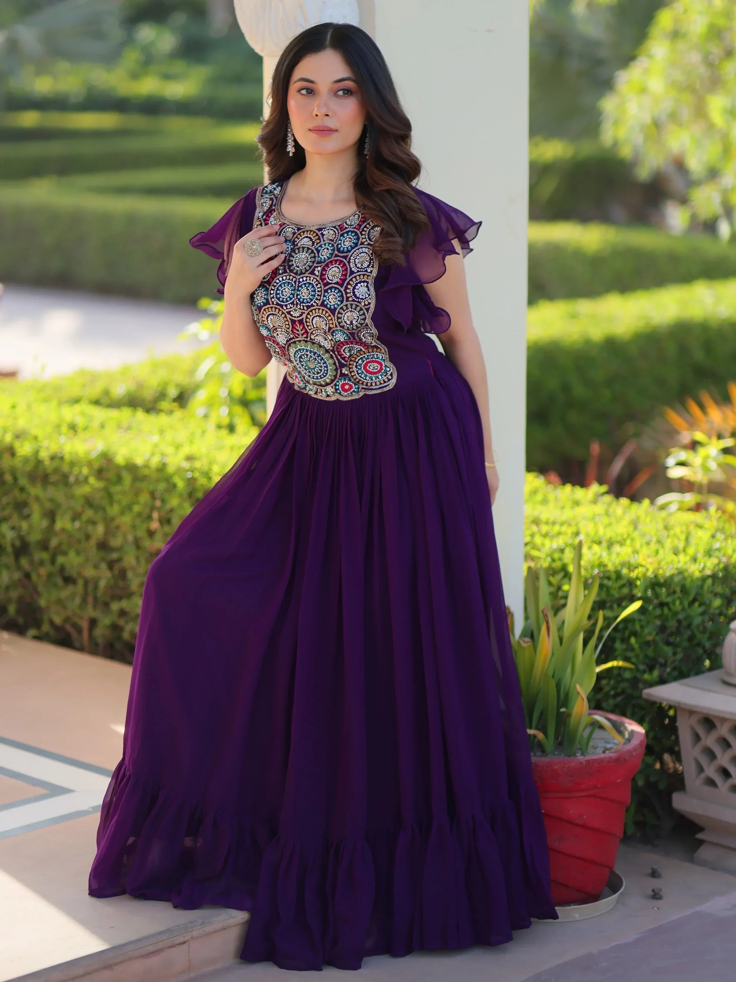 Purple Dazzling Georgette Sequins Embroidered Festival Wear Gown