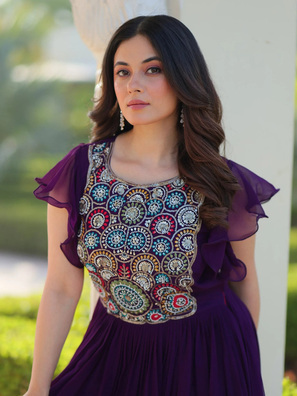 Purple Dazzling Georgette Sequins Embroidered Festival Wear Gown