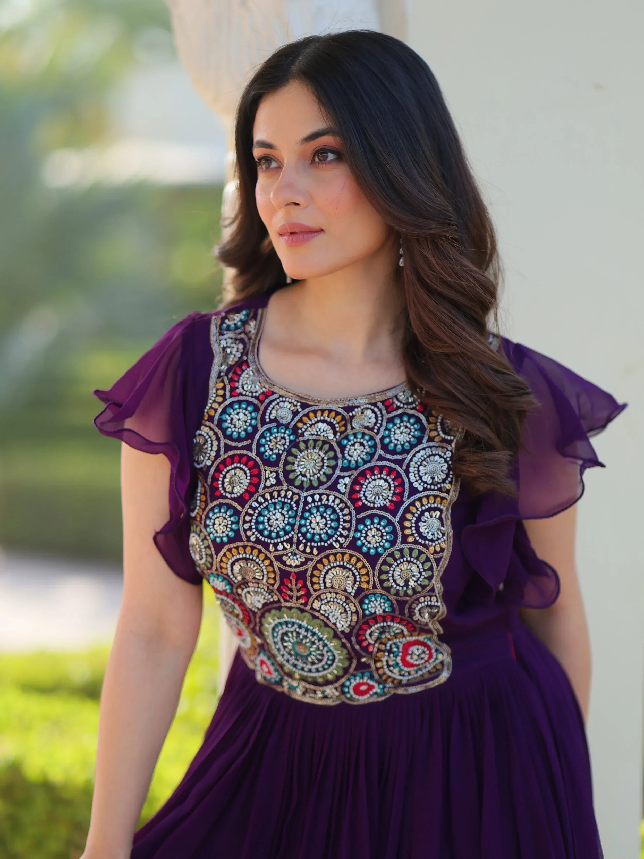 Purple Dazzling Georgette Sequins Embroidered Festival Wear Gown