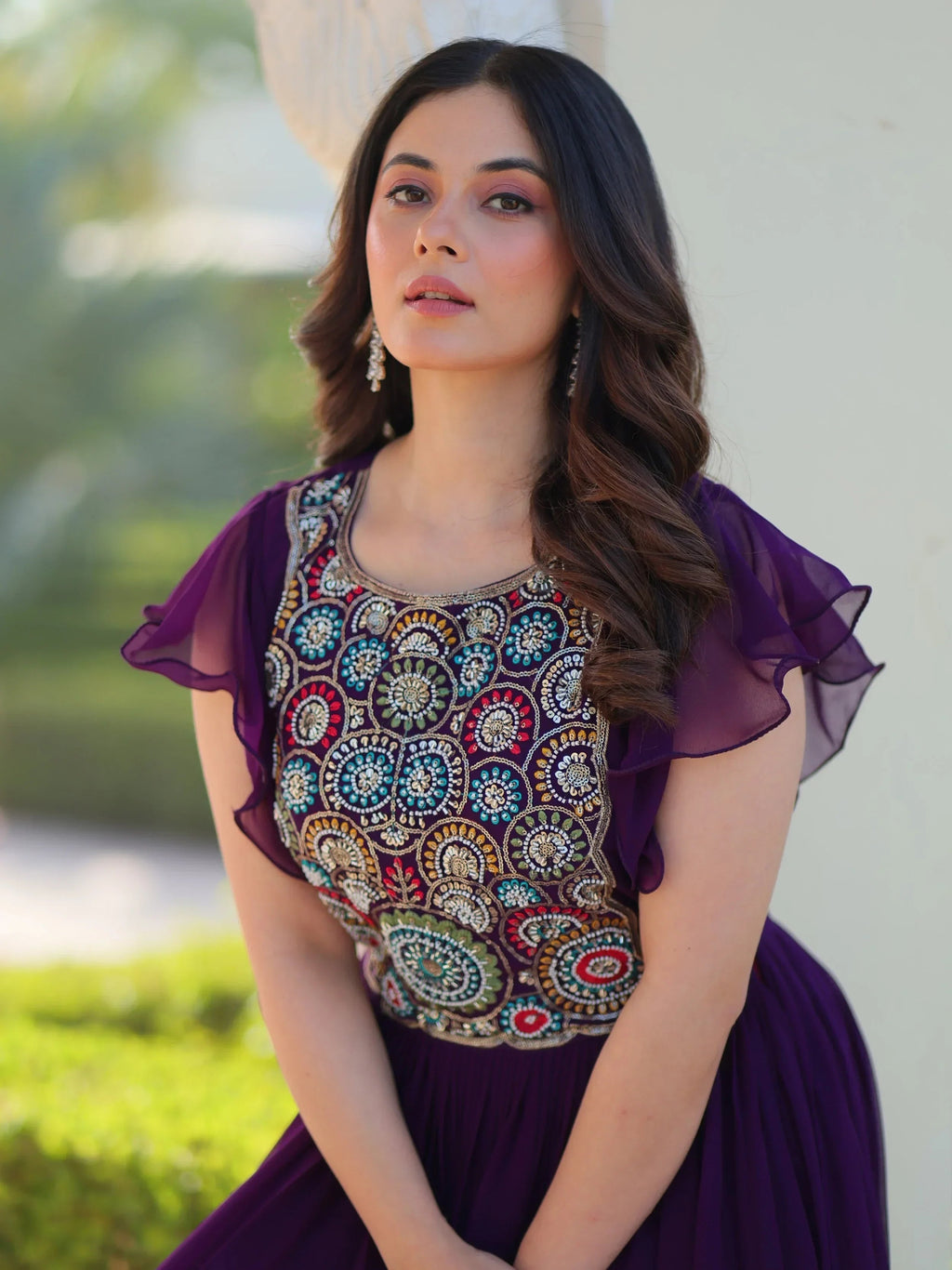 Purple Dazzling Georgette Sequins Embroidered Festival Wear Gown