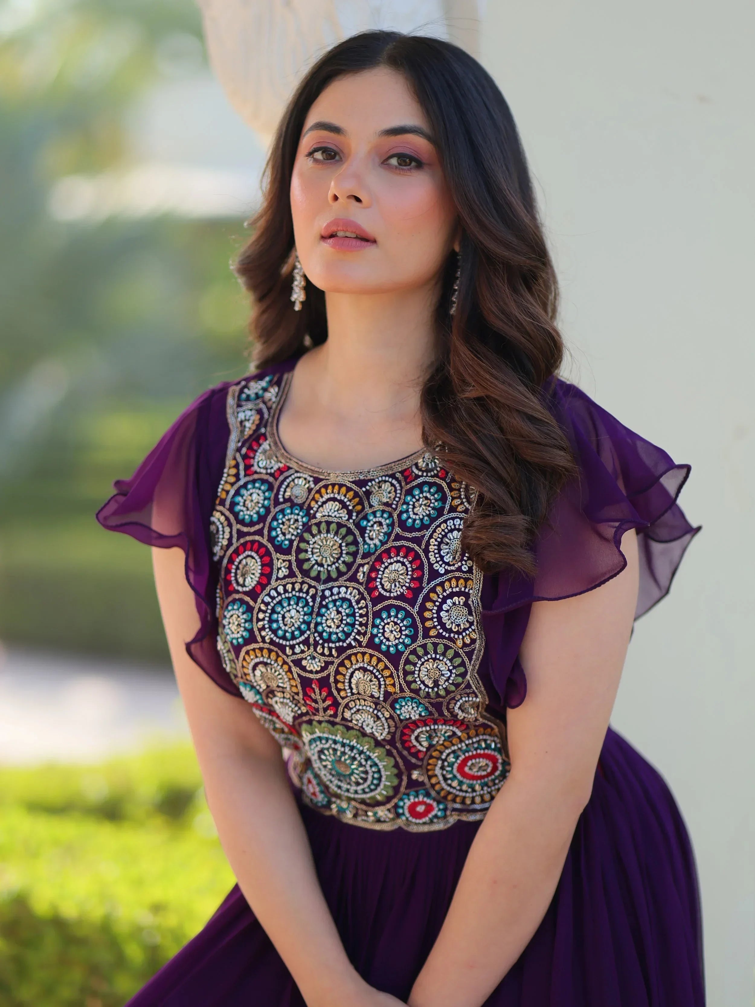 Purple Dazzling Georgette Sequins Embroidered Festival Wear Gown