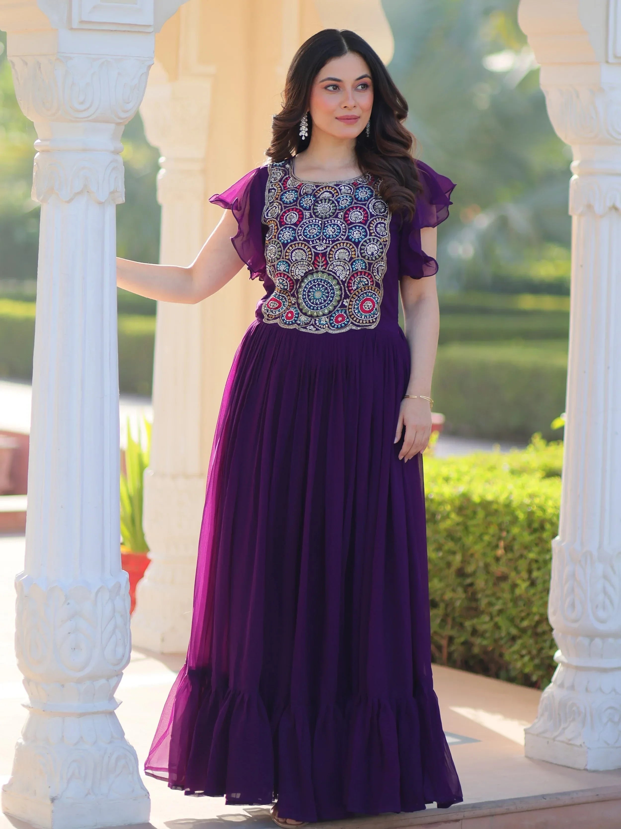 Purple Dazzling Georgette Sequins Embroidered Festival Wear Gown