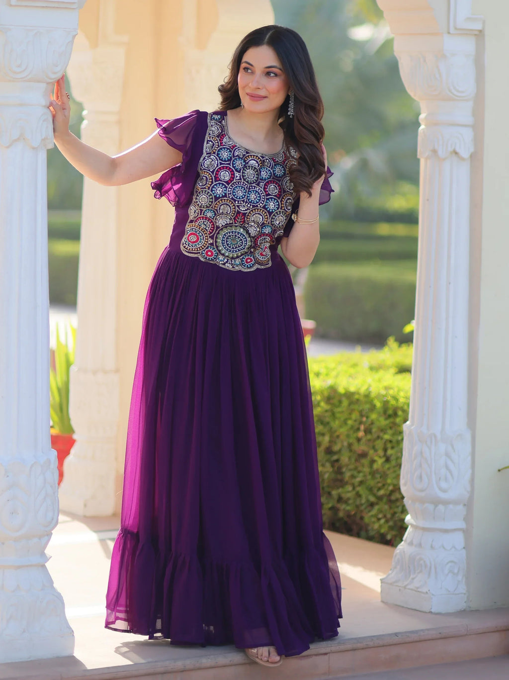 Purple Dazzling Georgette Sequins Embroidered Festival Wear Gown