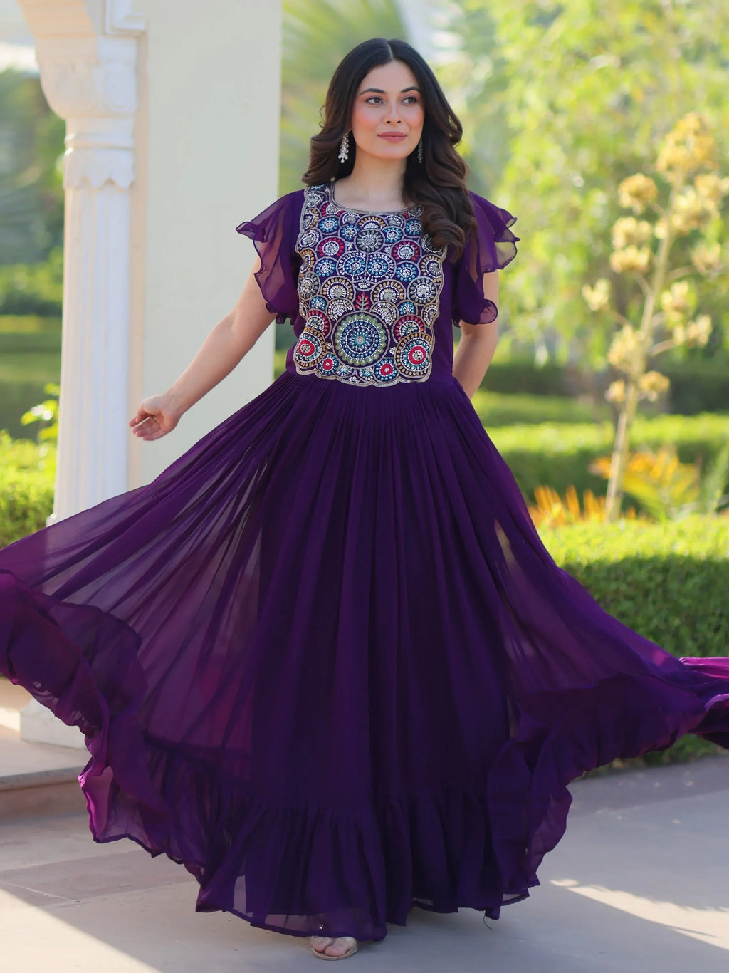 Purple Dazzling Georgette Sequins Embroidered Festival Wear Gown