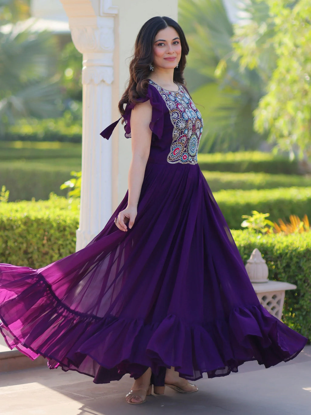 Purple Dazzling Georgette Sequins Embroidered Festival Wear Gown