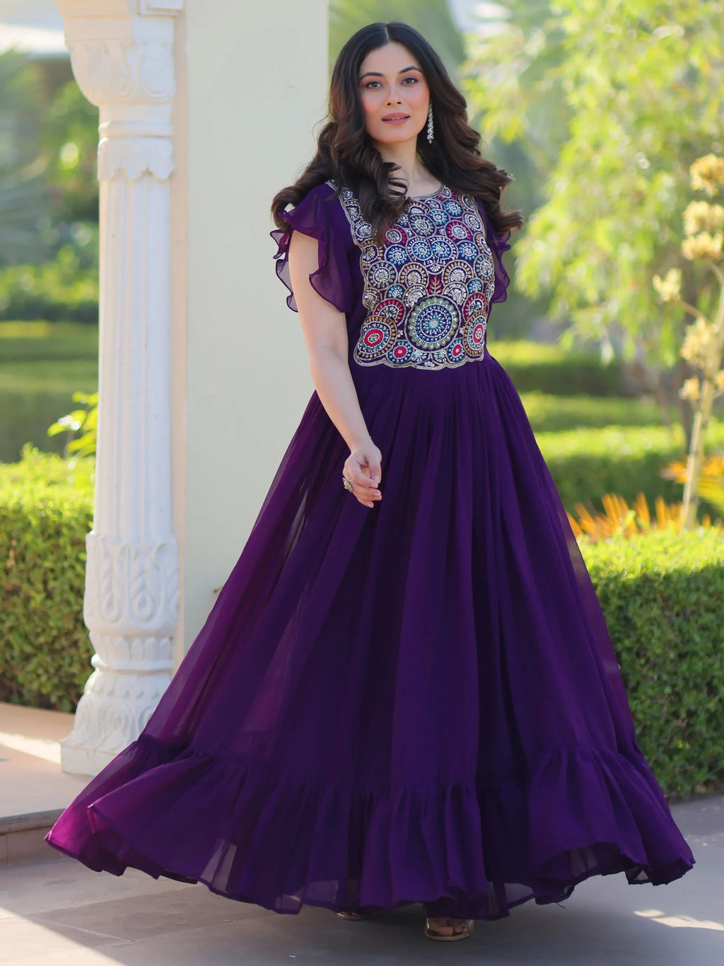 Purple Dazzling Georgette Sequins Embroidered Festival Wear Gown