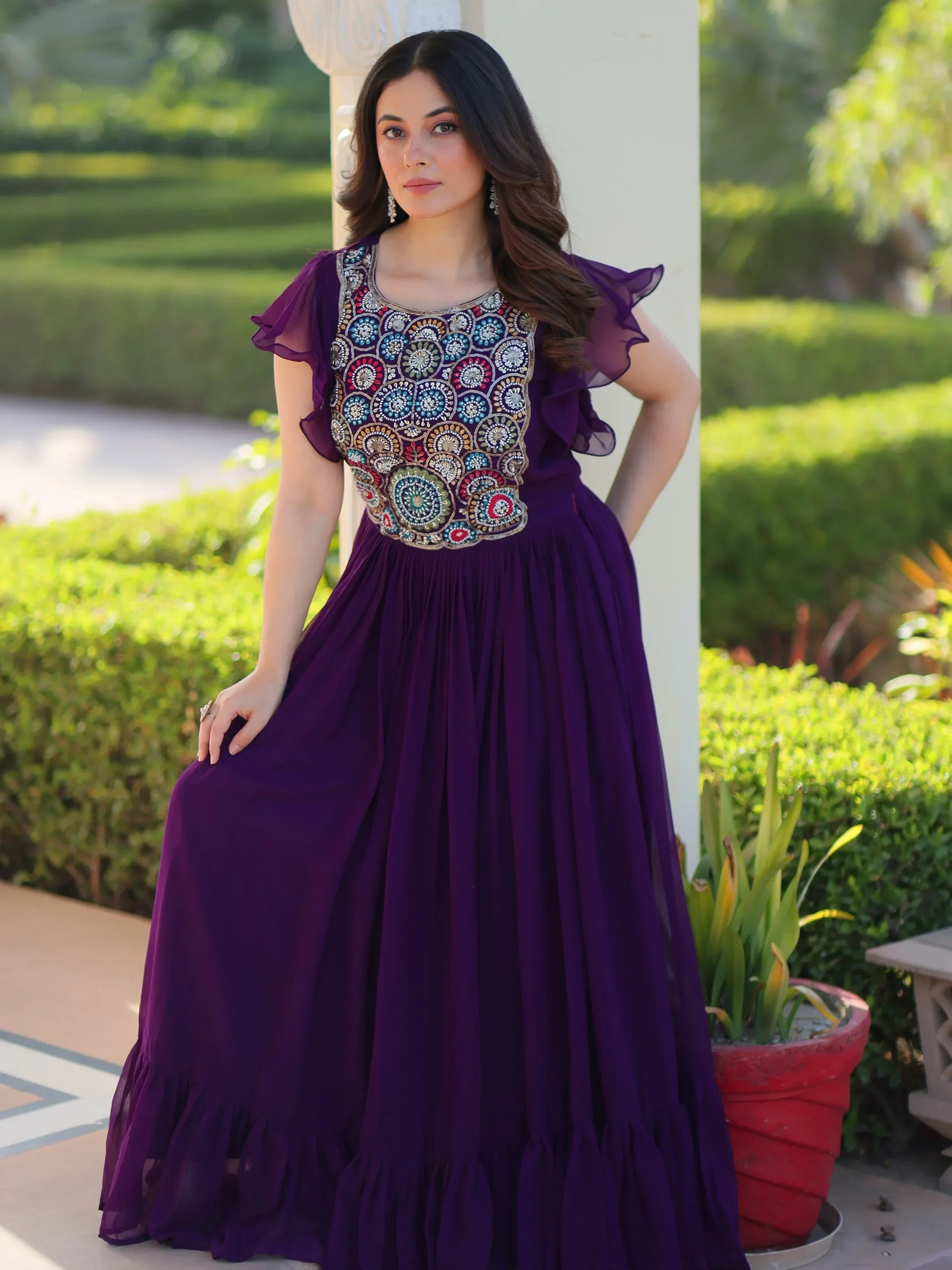 Purple Dazzling Georgette Sequins Embroidered Festival Wear Gown