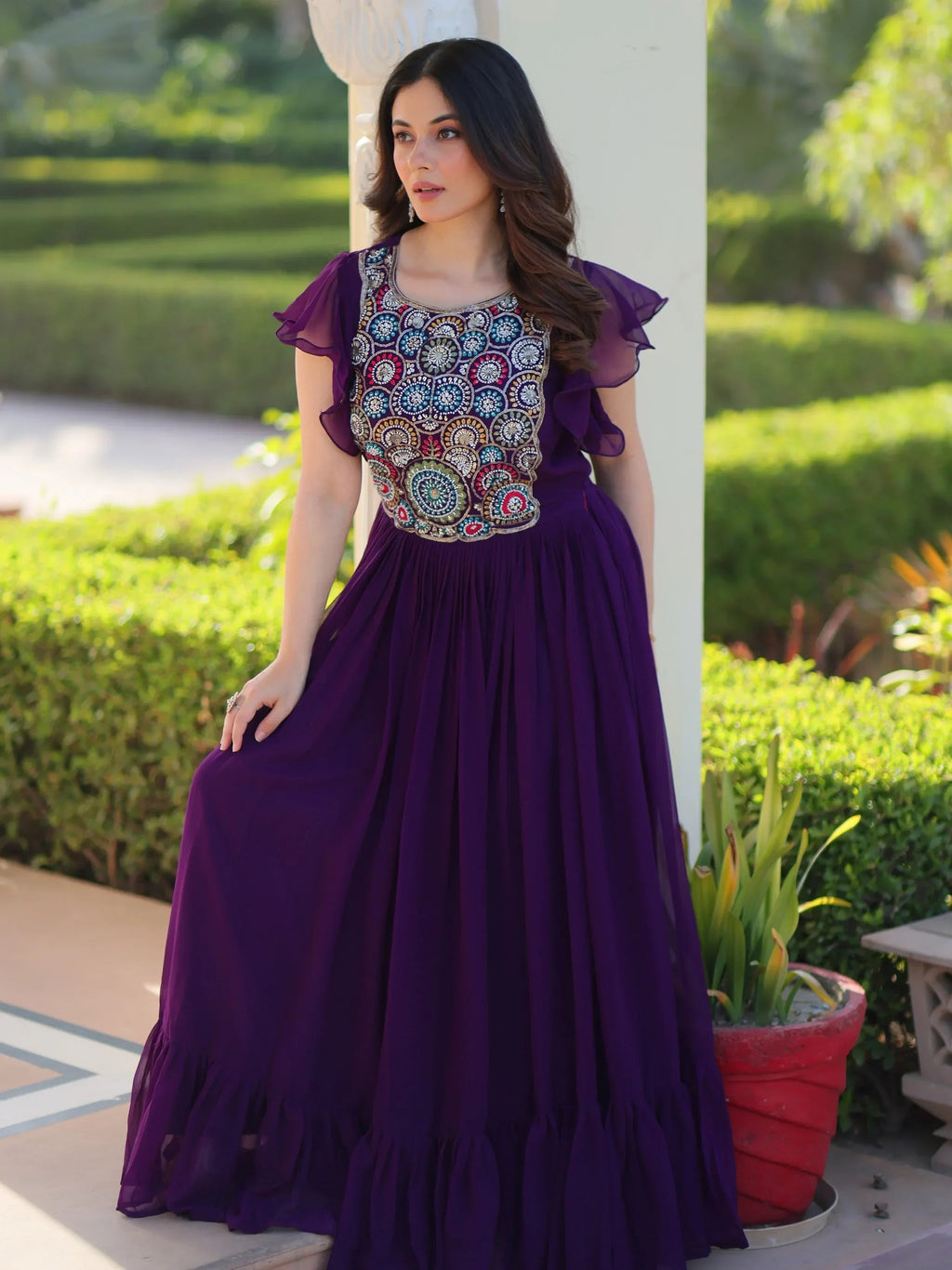 Purple Dazzling Georgette Sequins Embroidered Festival Wear Gown