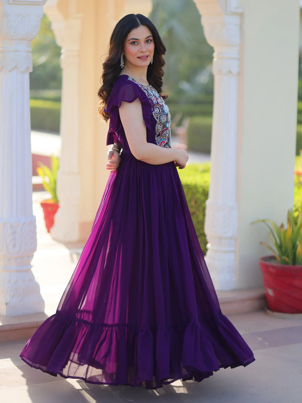 Purple Dazzling Georgette Sequins Embroidered Festival Wear Gown
