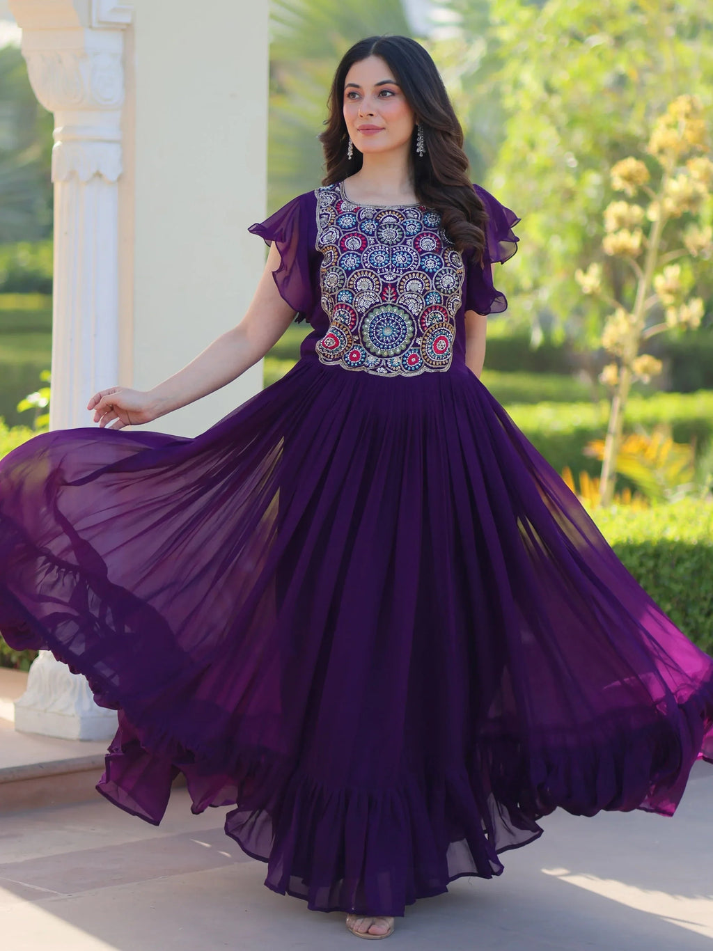 Purple Dazzling Georgette Sequins Embroidered Festival Wear Gown