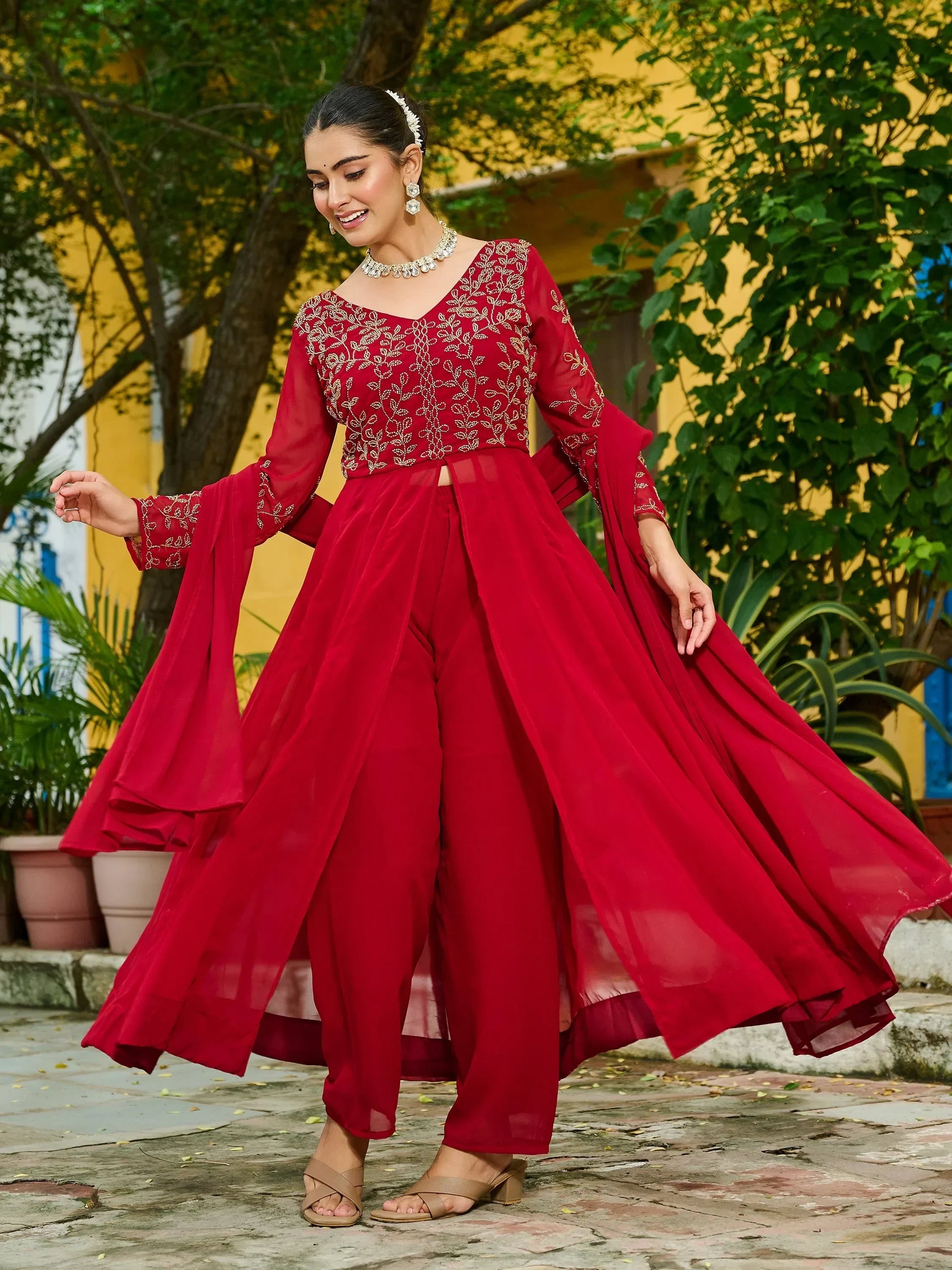 Maroon Stunning Beads Work Georgette Festive Wear Salwar Kameez