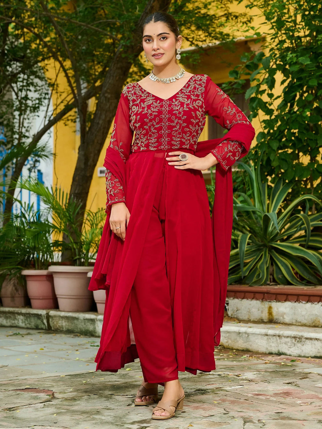 Maroon Stunning Beads Work Georgette Festive Wear Salwar Kameez