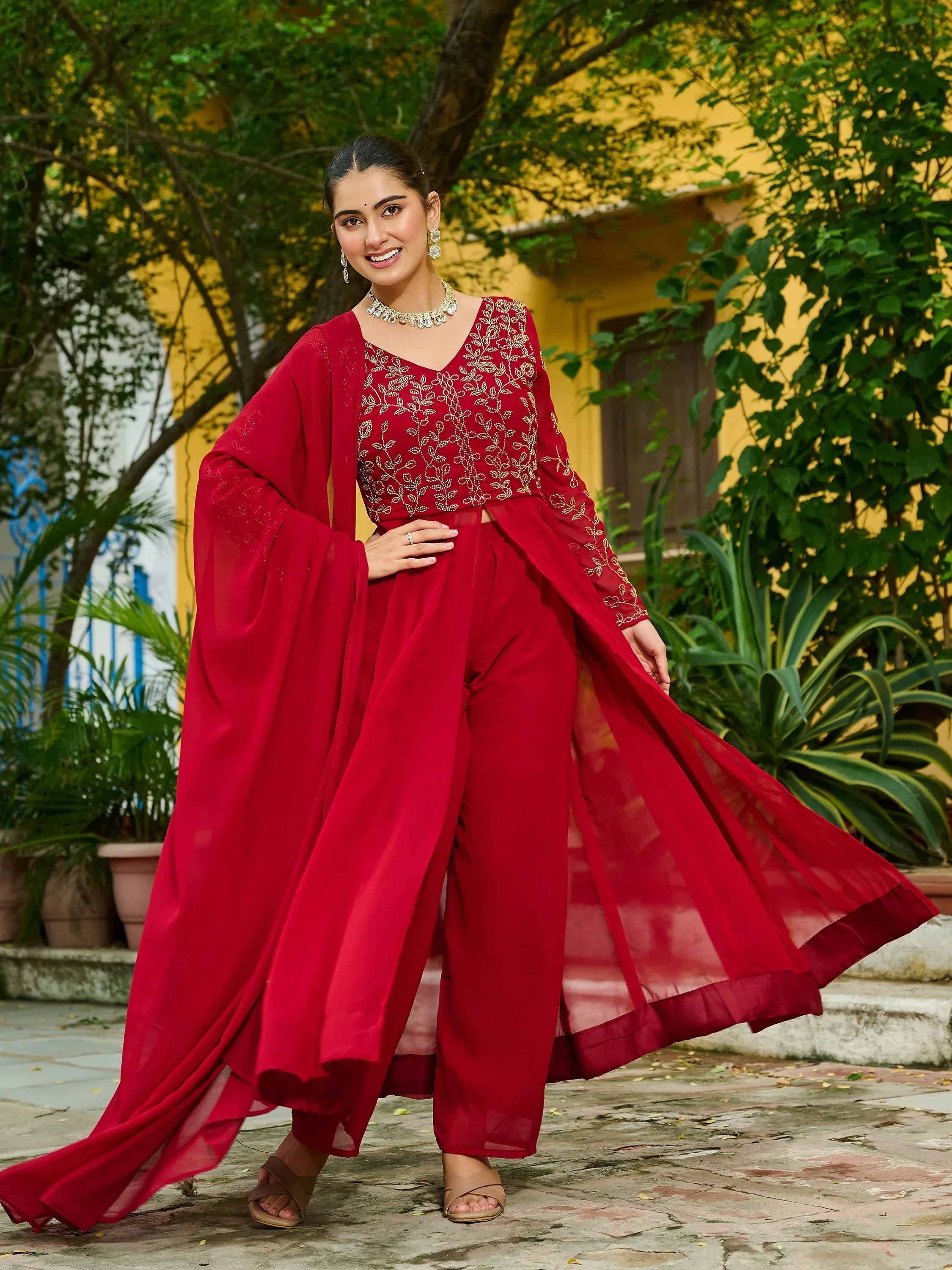 Maroon Stunning Beads Work Georgette Festive Wear Salwar Kameez