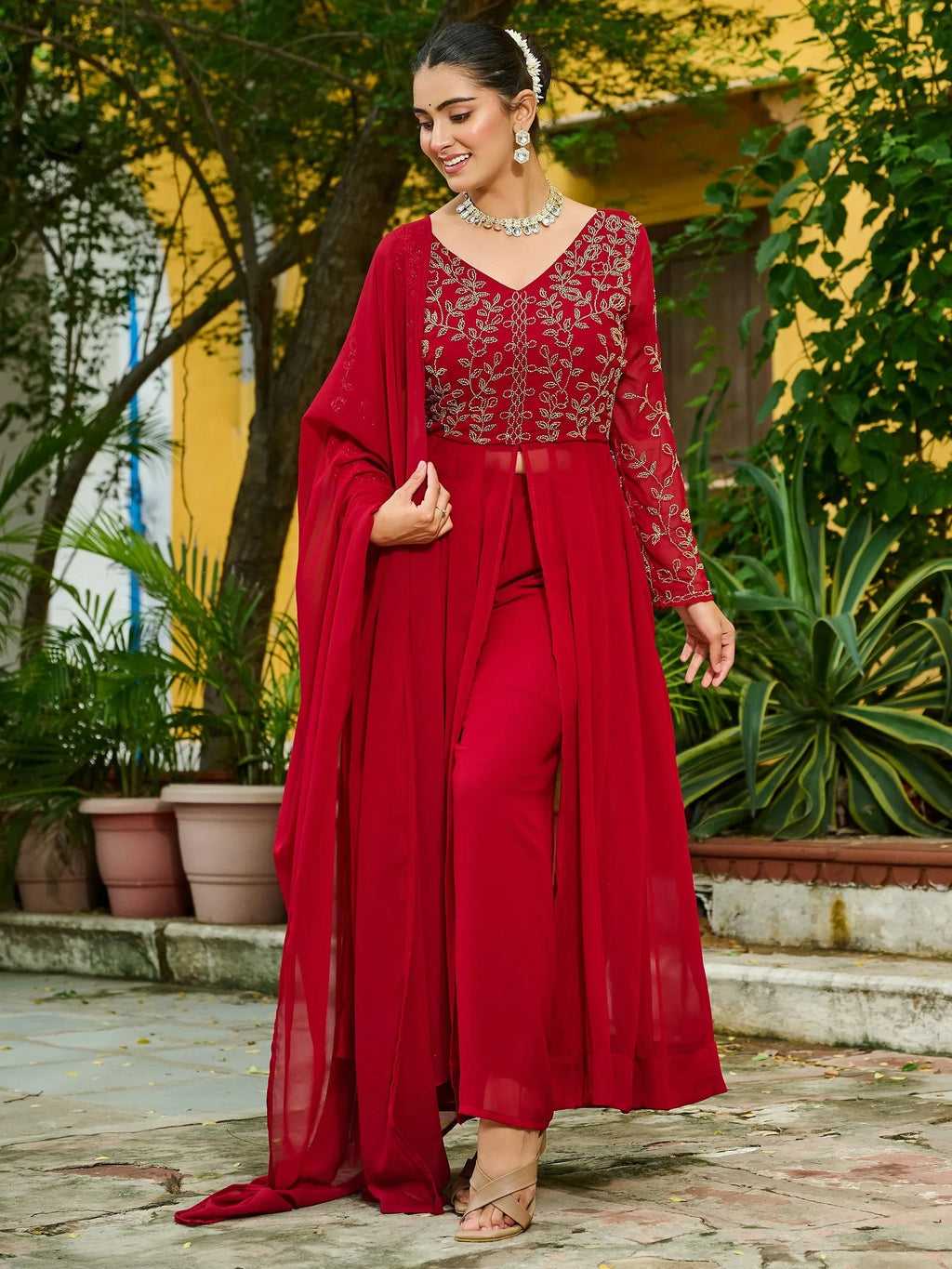 Maroon Stunning Beads Work Georgette Festive Wear Salwar Kameez