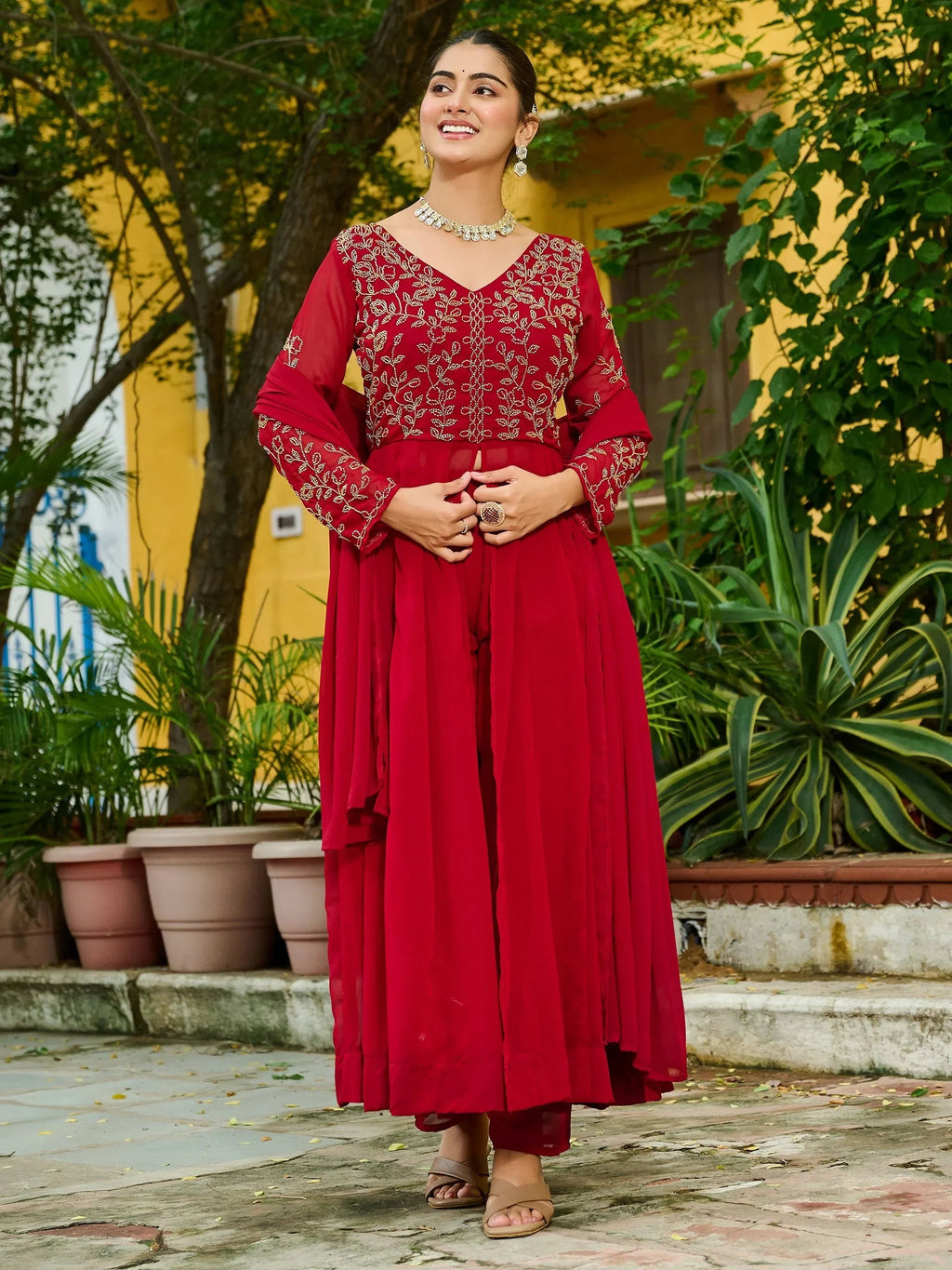 Maroon Stunning Beads Work Georgette Festive Wear Salwar Kameez