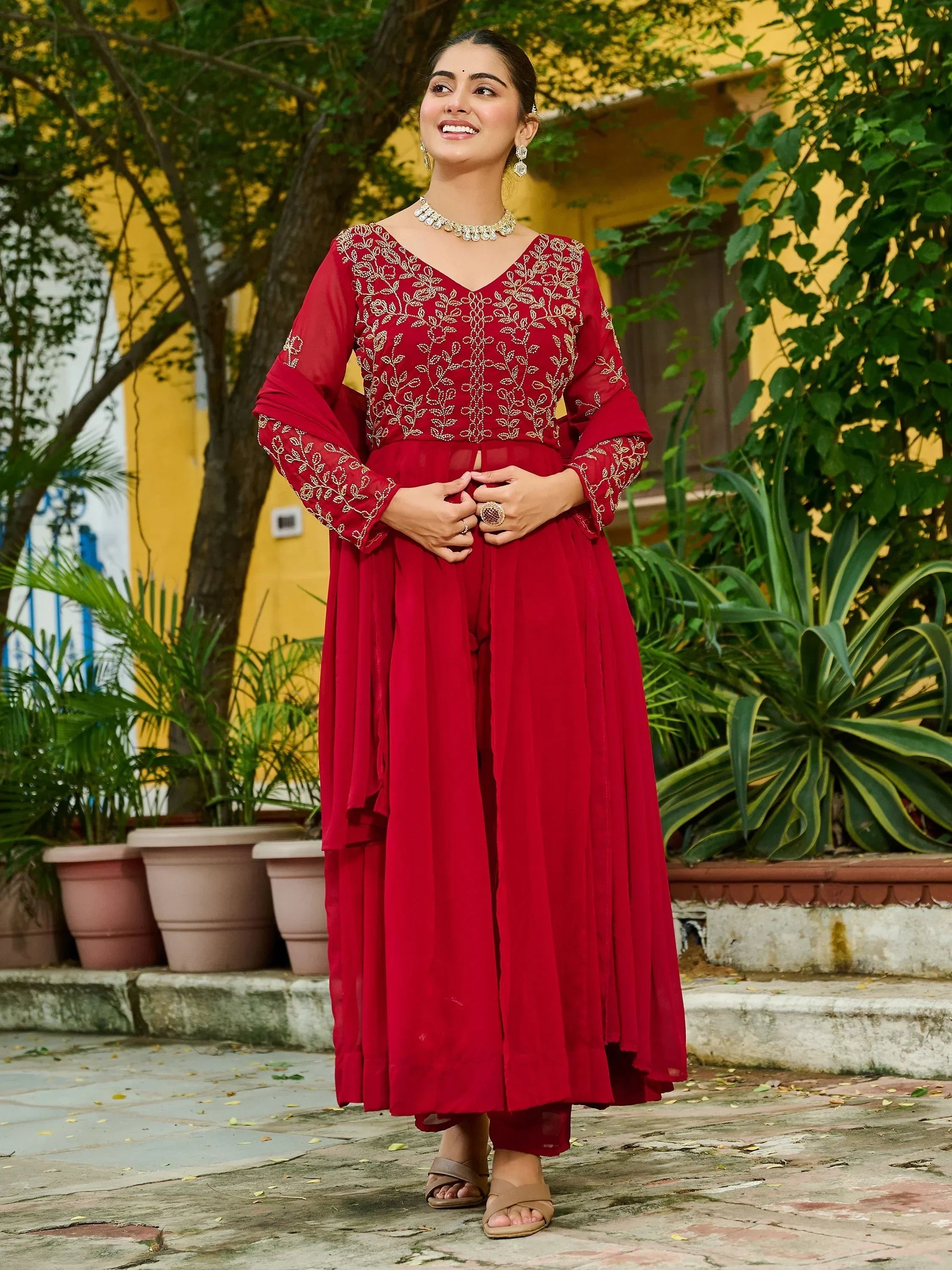 Maroon Stunning Beads Work Georgette Festive Wear Salwar Kameez