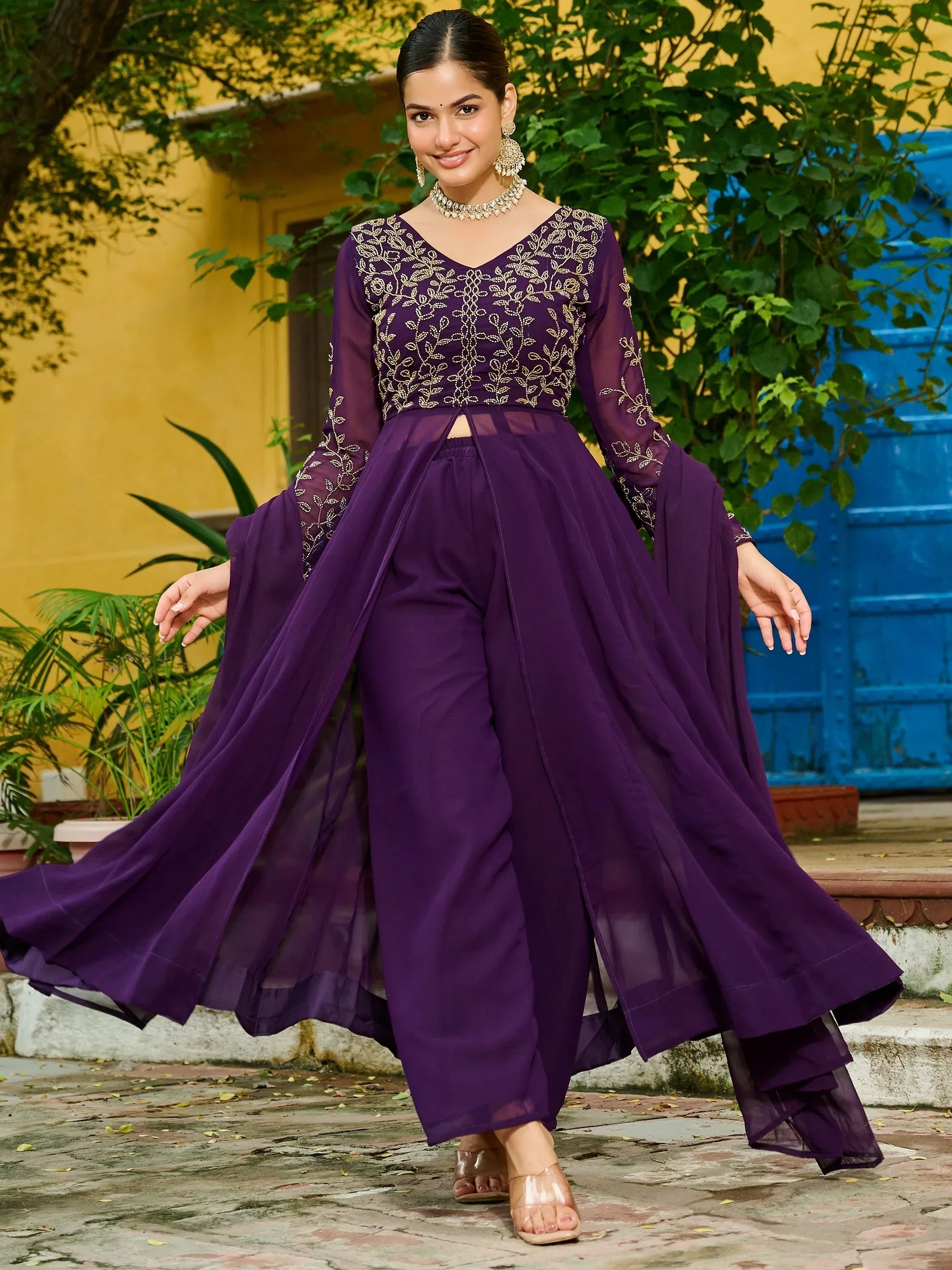 Purple Stunning Beads Work Georgette Festive Wear Salwar Kameez