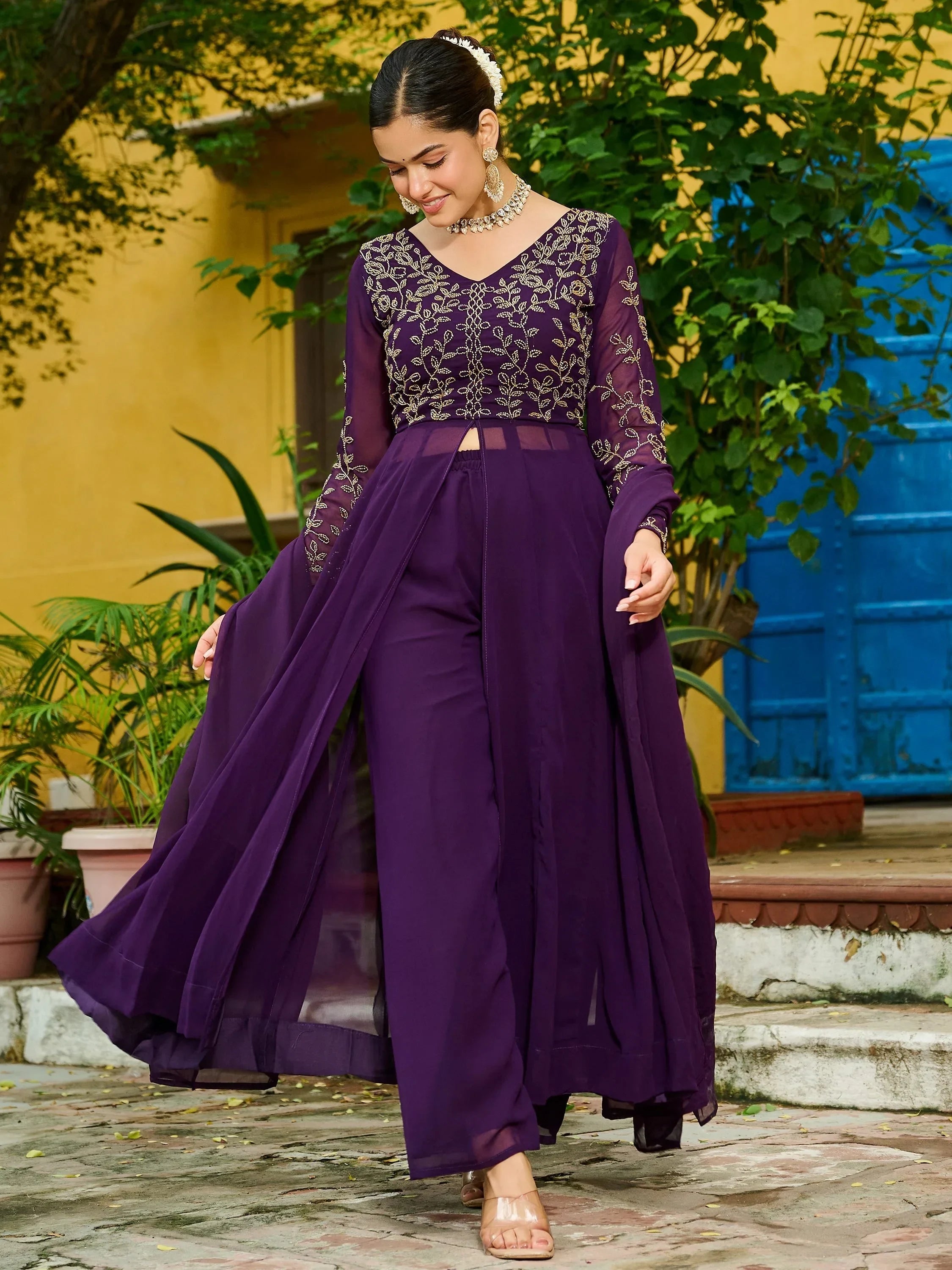 Purple Stunning Beads Work Georgette Festive Wear Salwar Kameez