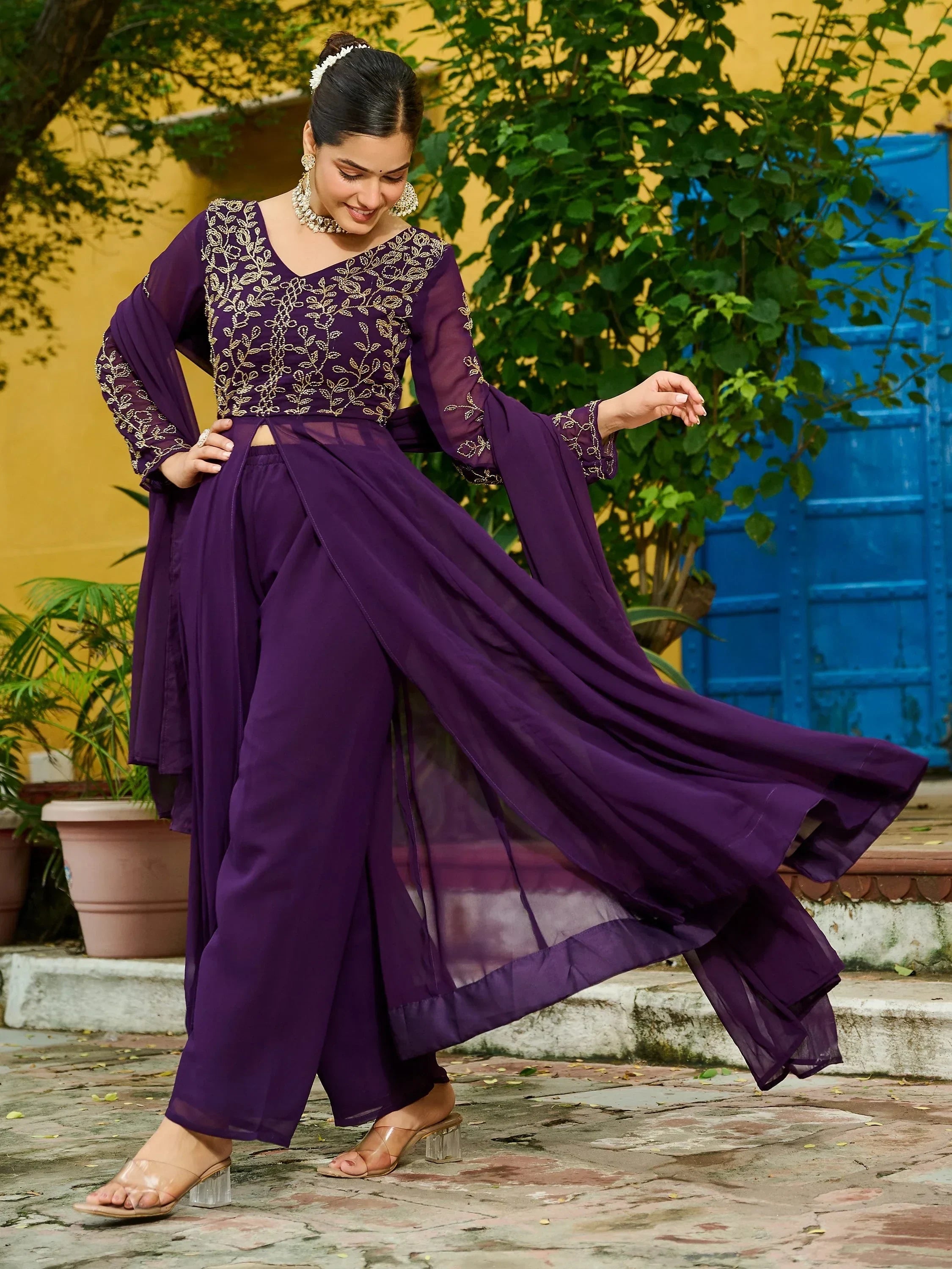 Purple Stunning Beads Work Georgette Festive Wear Salwar Kameez