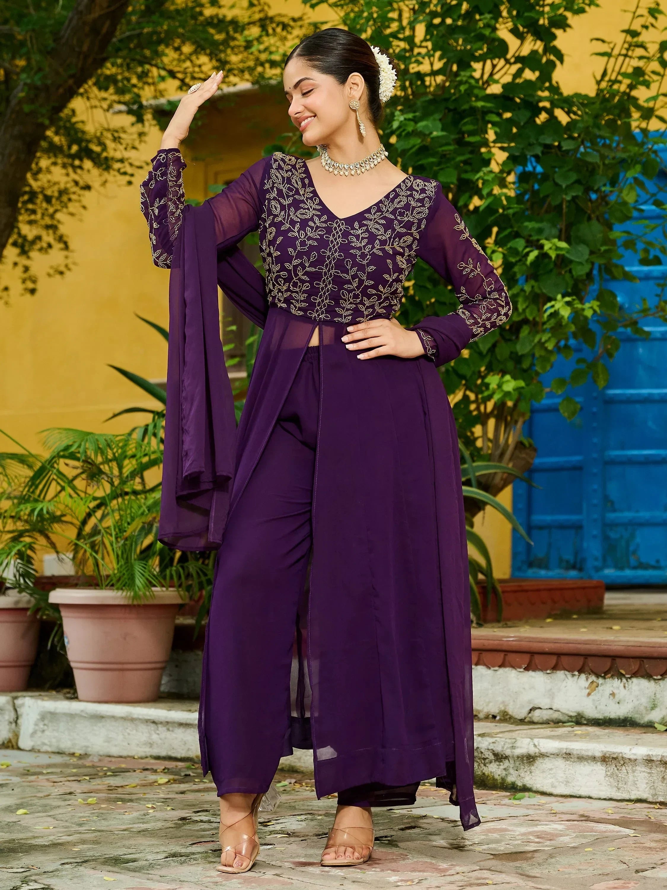 Purple Stunning Beads Work Georgette Festive Wear Salwar Kameez