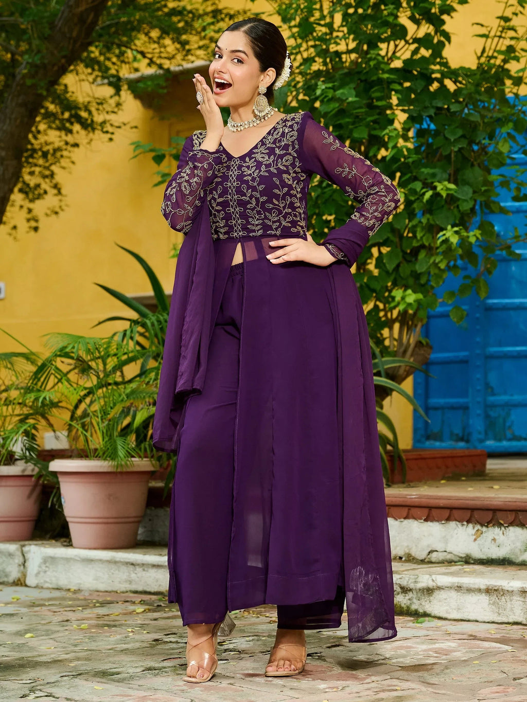 Purple Stunning Beads Work Georgette Festive Wear Salwar Kameez
