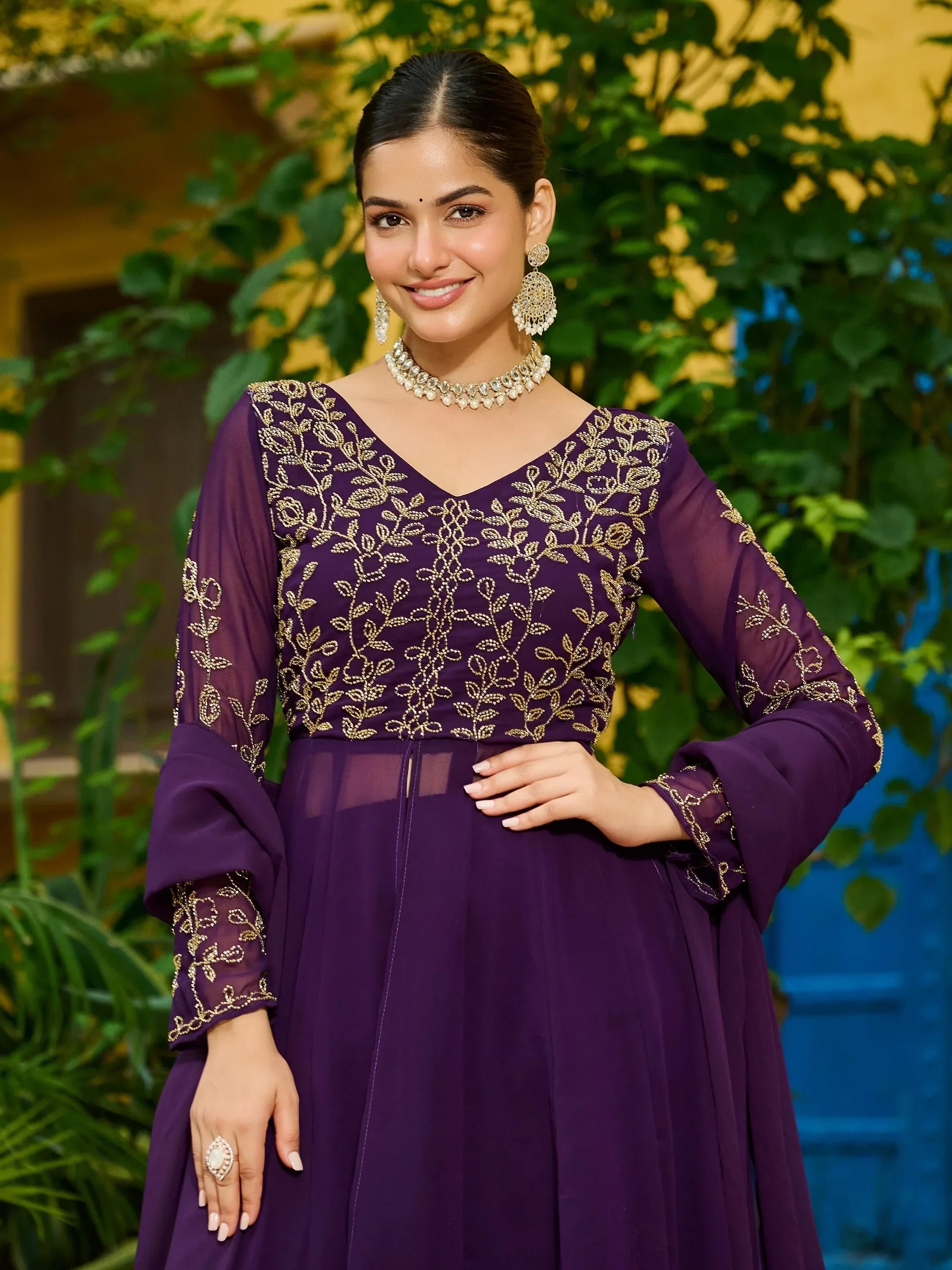 Purple Stunning Beads Work Georgette Festive Wear Salwar Kameez