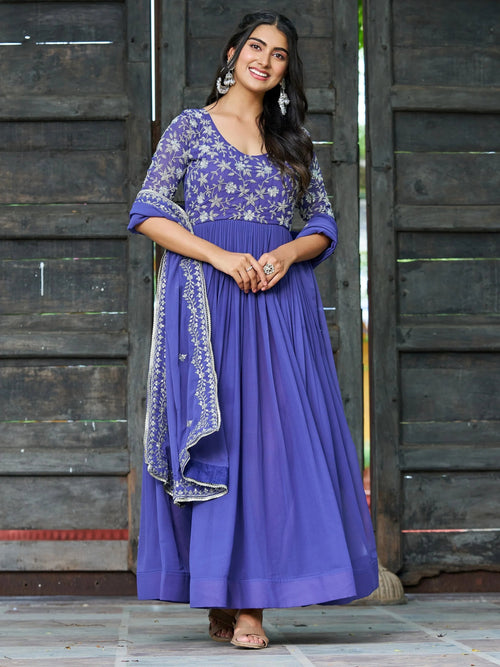 Blue Georgette Sequins Festive Wear Gown With Dupatta for Women