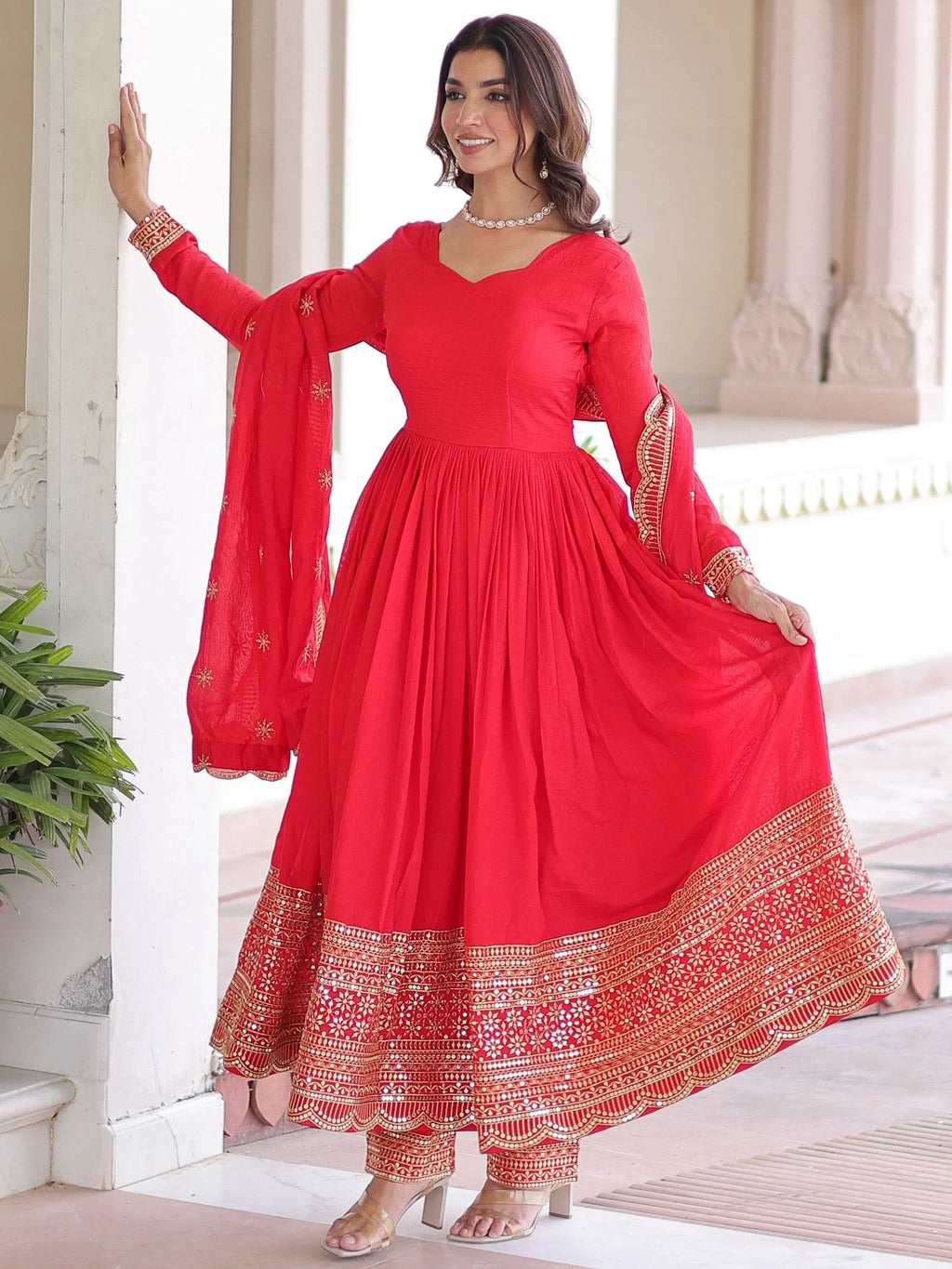Impressive Red Sequins Embroidered Silk Festive Wear Anarakali Suit