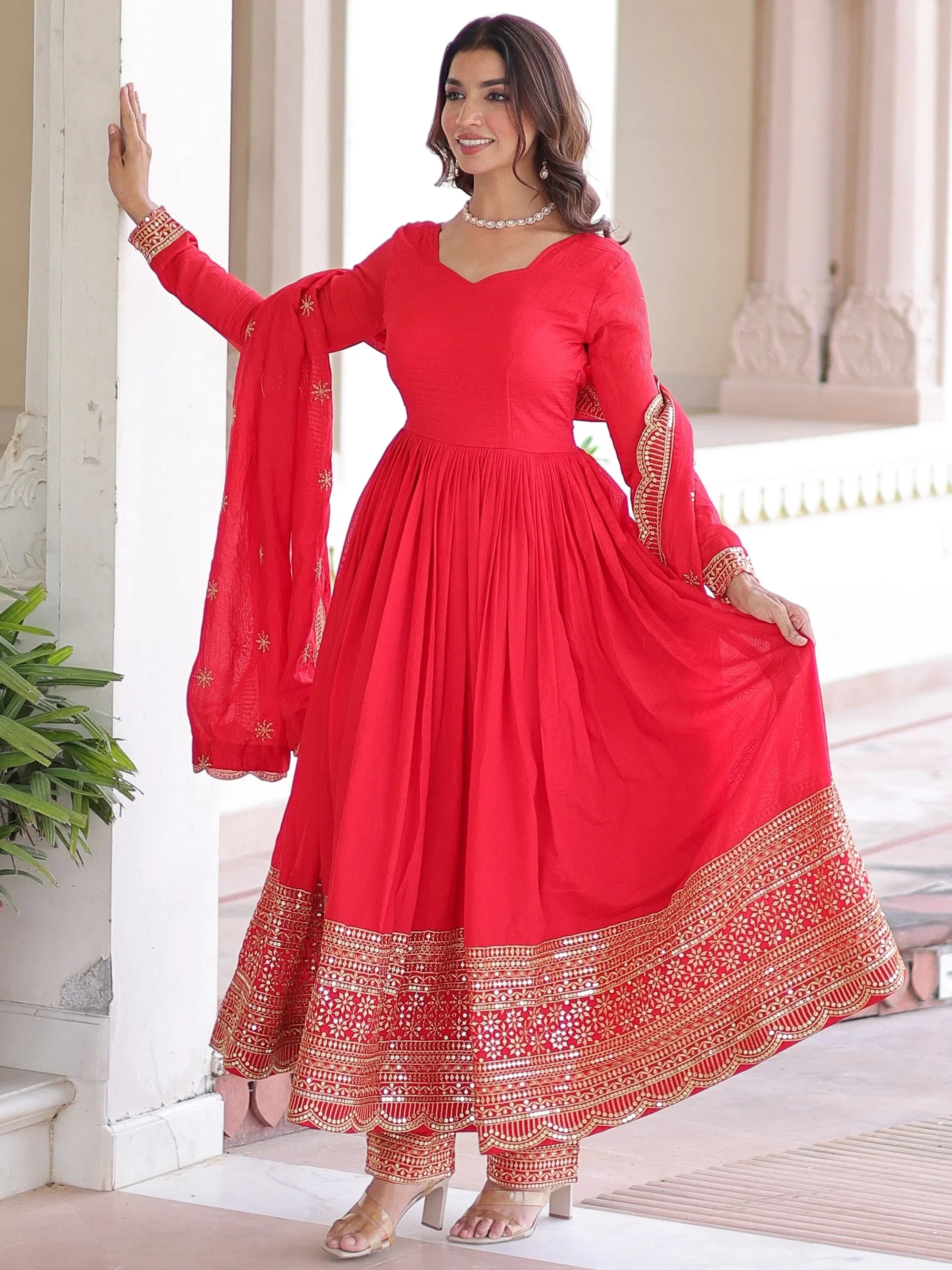 Impressive Red Sequins Embroidered Silk Festive Wear Anarakali Suit