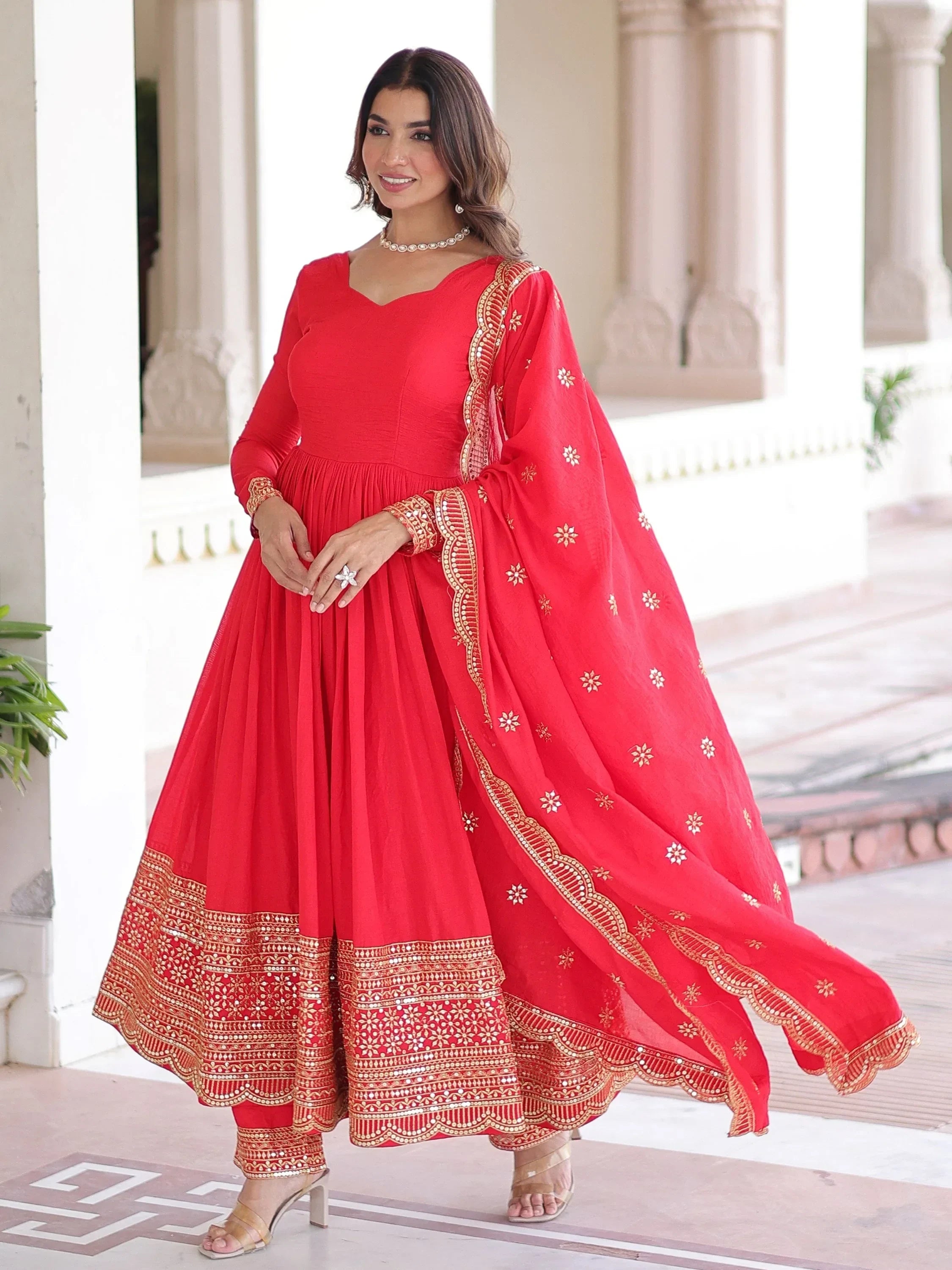 Impressive Red Sequins Embroidered Silk Festive Wear Anarakali Suit