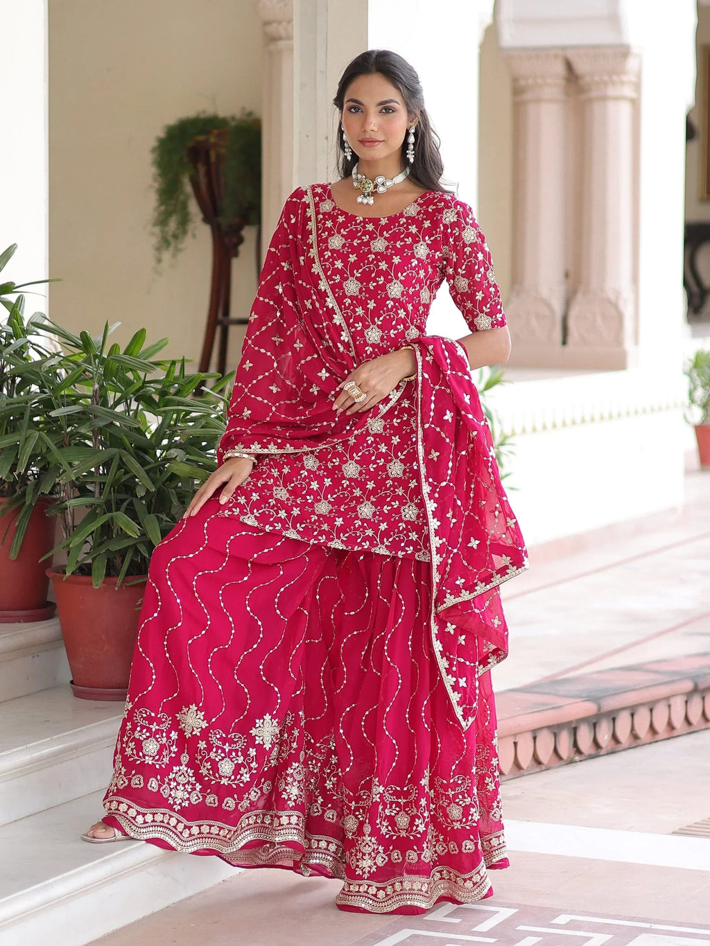 Pink Pretty Georgette Sequins Embroidered Festive Wear Sharara Suit
