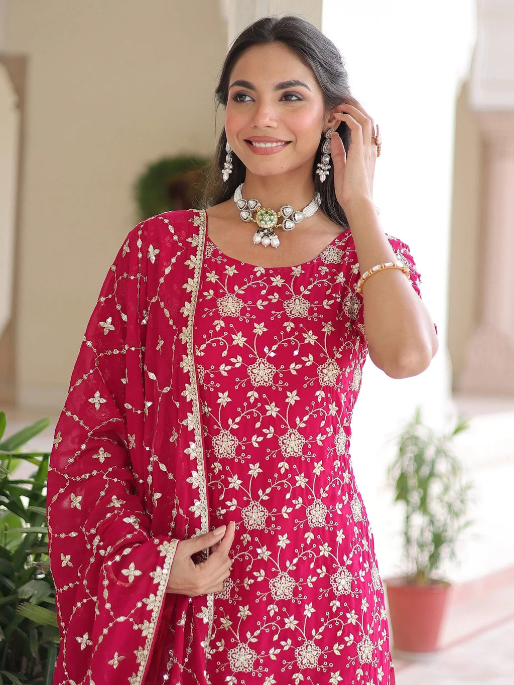 Pink Pretty Georgette Sequins Embroidered Festive Wear Sharara Suit