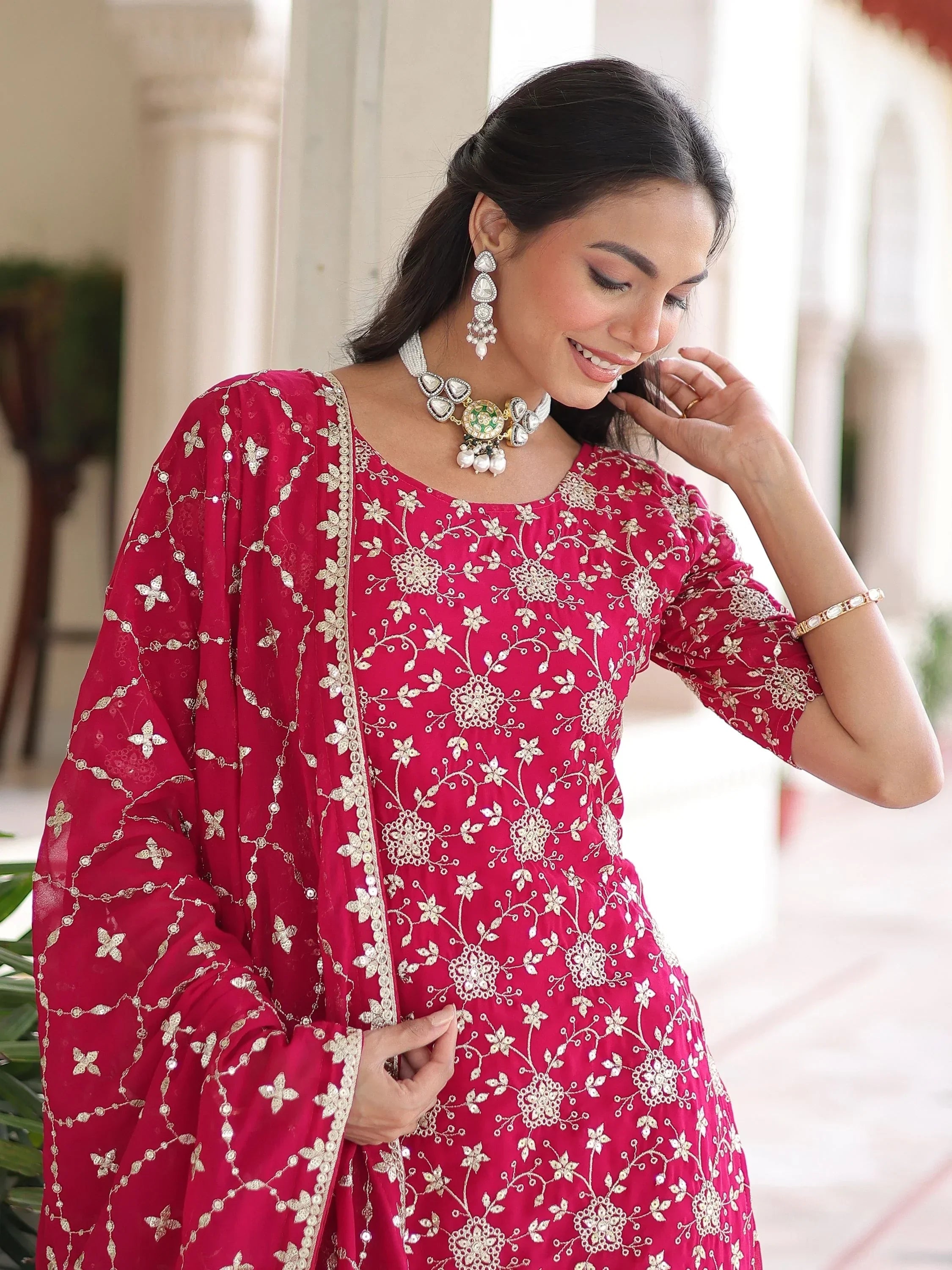 Pink Pretty Georgette Sequins Embroidered Festive Wear Sharara Suit