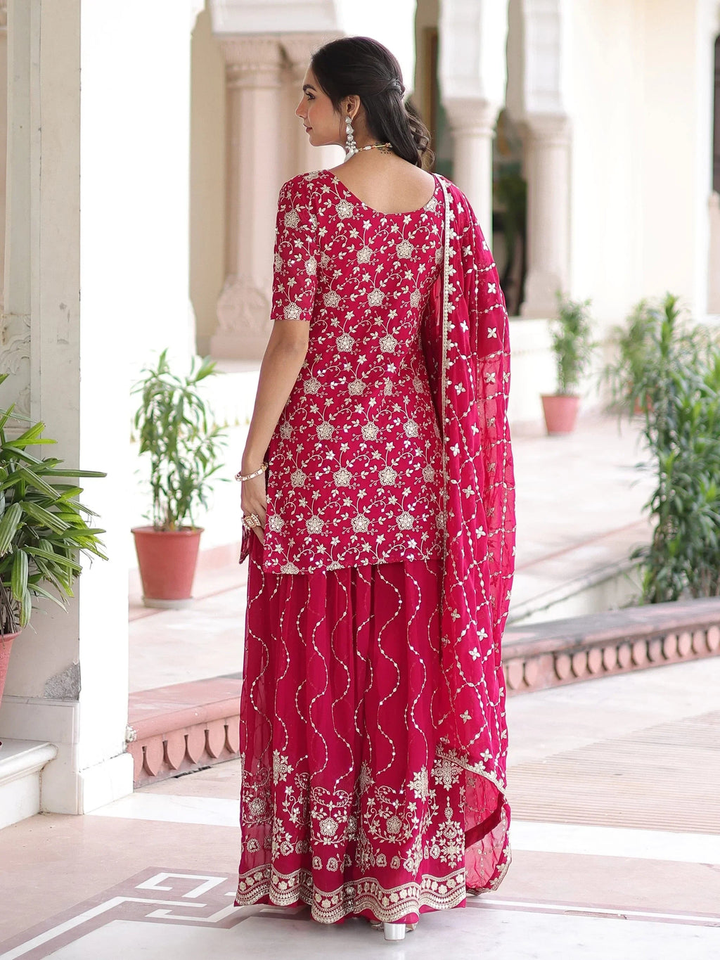 Pink Pretty Georgette Sequins Embroidered Festive Wear Sharara Suit