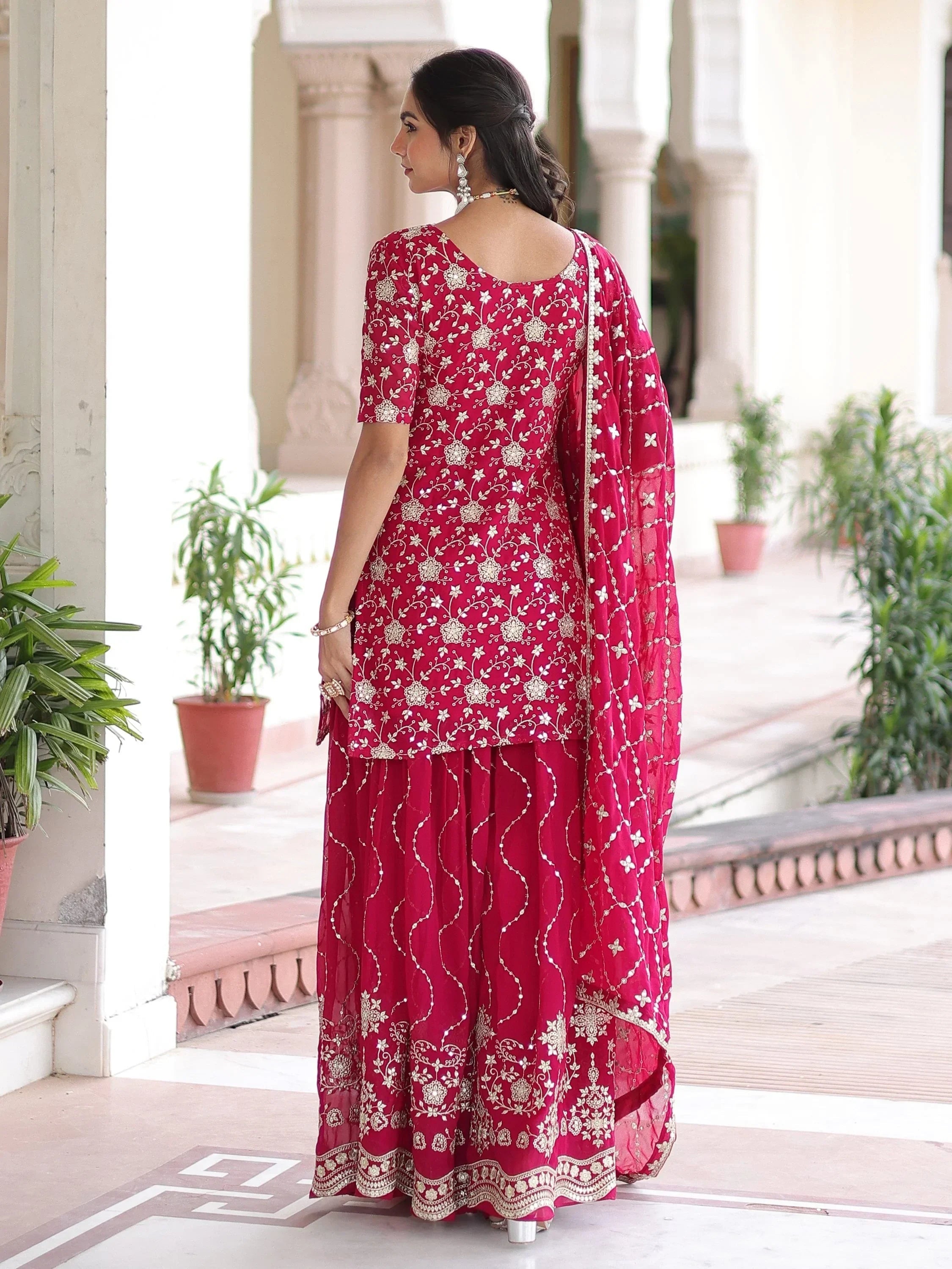 Pink Pretty Georgette Sequins Embroidered Festive Wear Sharara Suit