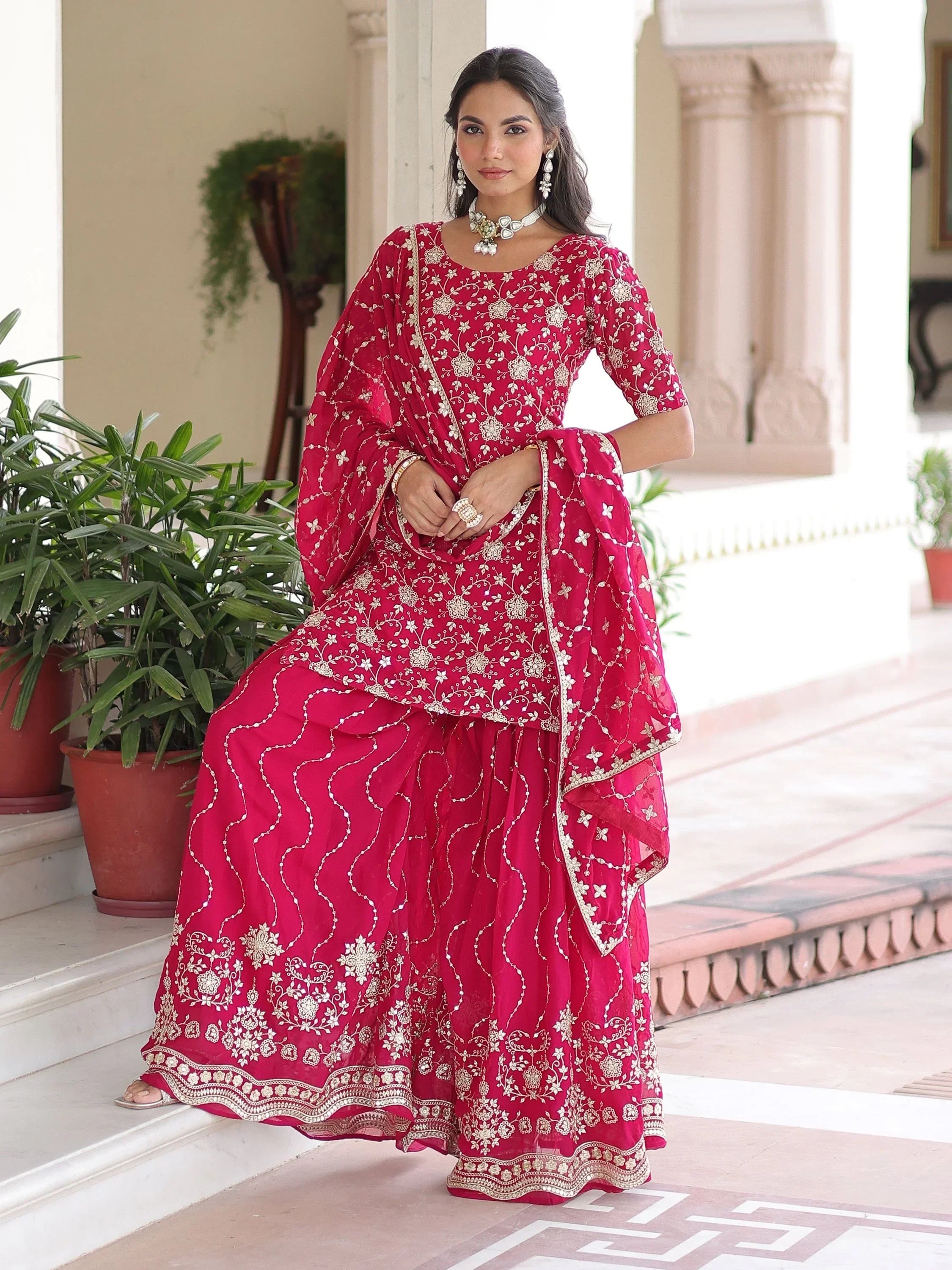 Pink Pretty Georgette Sequins Embroidered Festive Wear Sharara Suit
