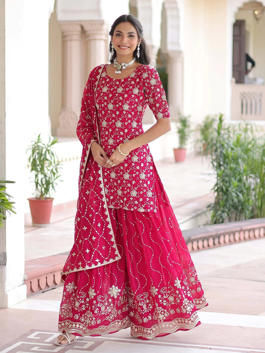 Pink Pretty Georgette Sequins Embroidered Festive Wear Sharara Suit