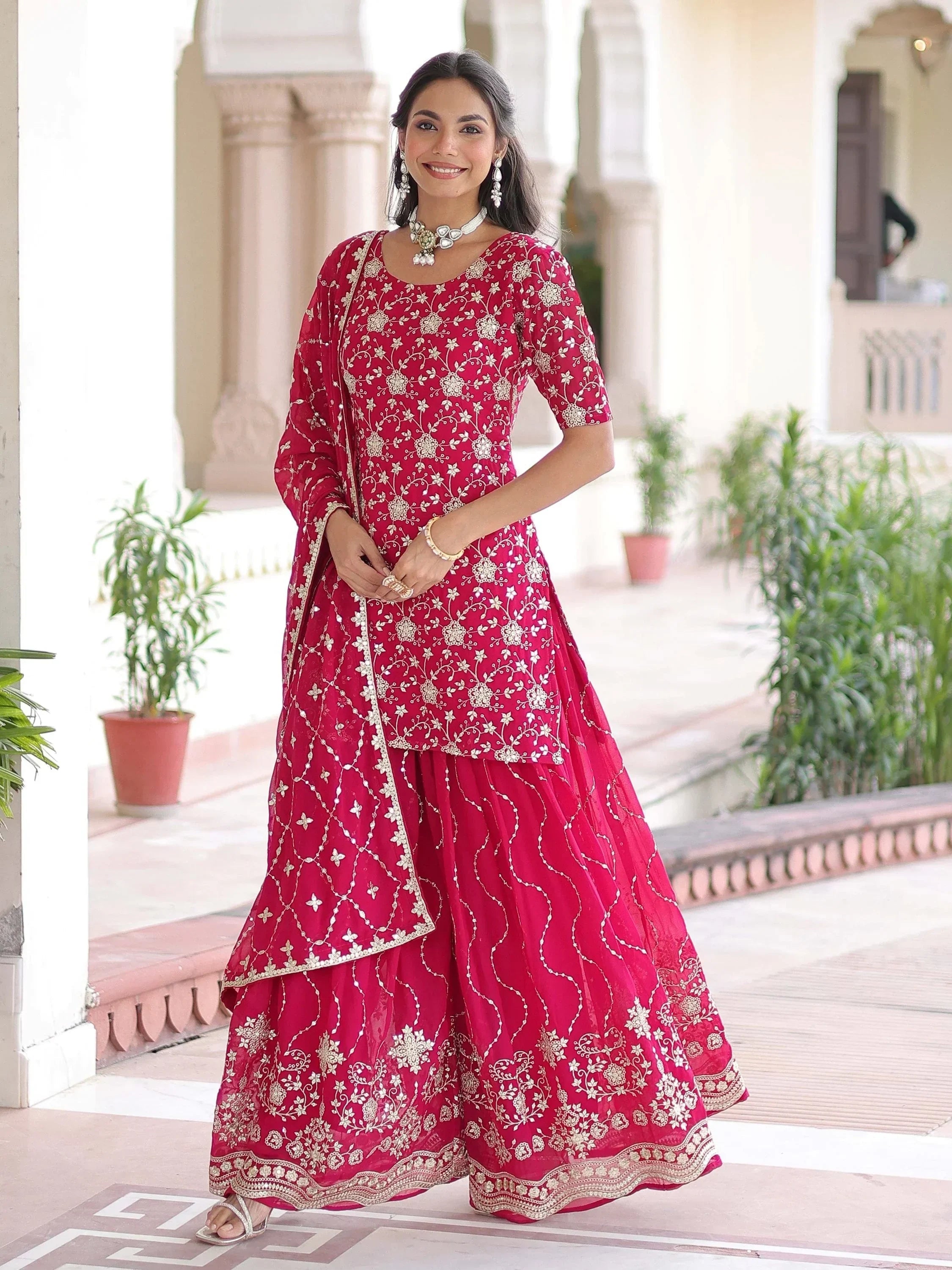 Pink Pretty Georgette Sequins Embroidered Festive Wear Sharara Suit