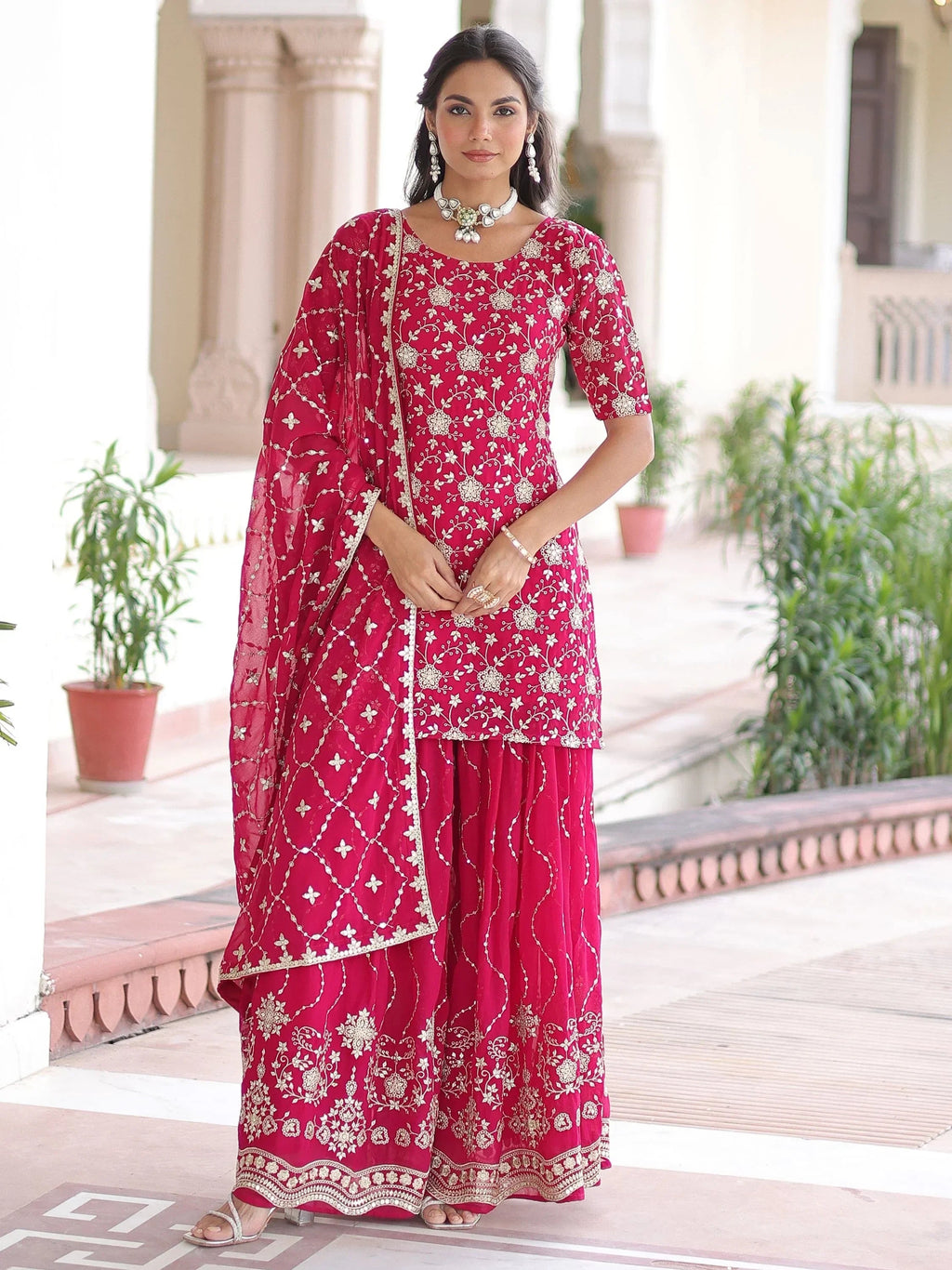 Pink Pretty Georgette Sequins Embroidered Festive Wear Sharara Suit