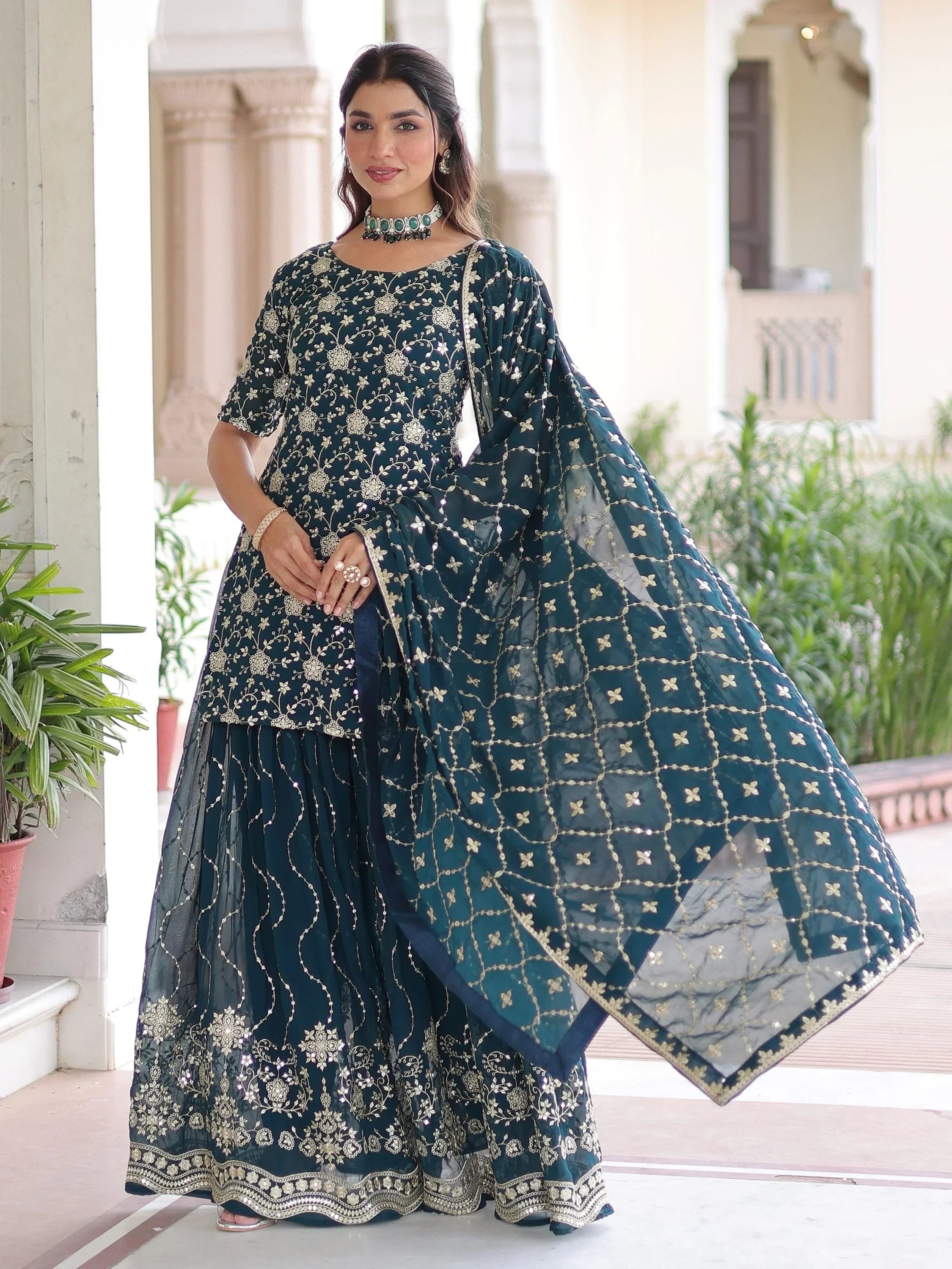 Blue Pretty Georgette Sequins Embroidered Festive Wear Sharara Suit