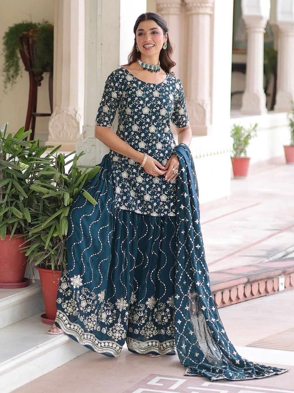 Blue Pretty Georgette Sequins Embroidered Festive Wear Sharara Suit