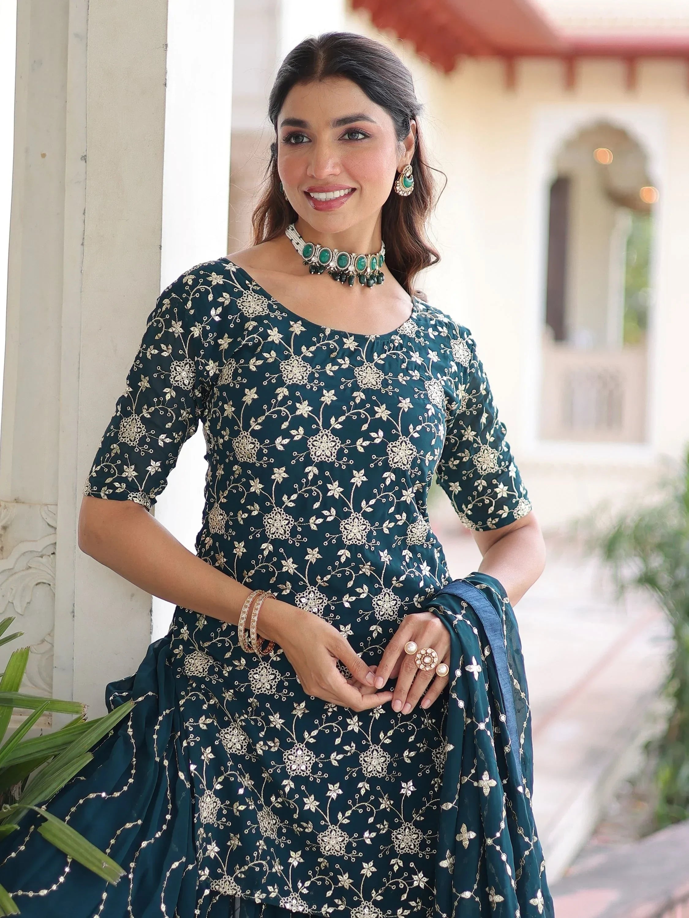 Blue Pretty Georgette Sequins Embroidered Festive Wear Sharara Suit