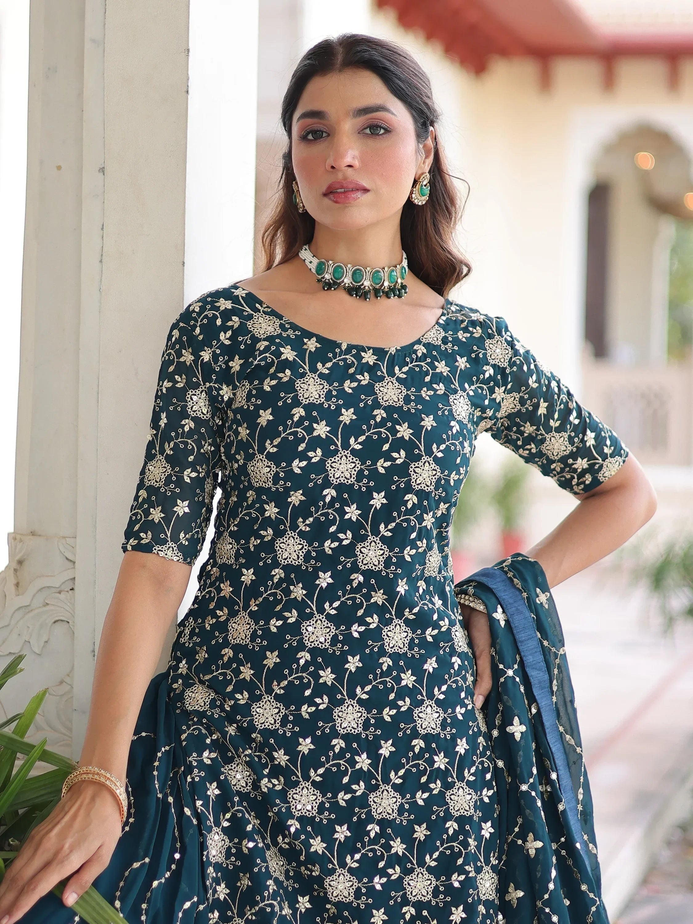 Blue Pretty Georgette Sequins Embroidered Festive Wear Sharara Suit