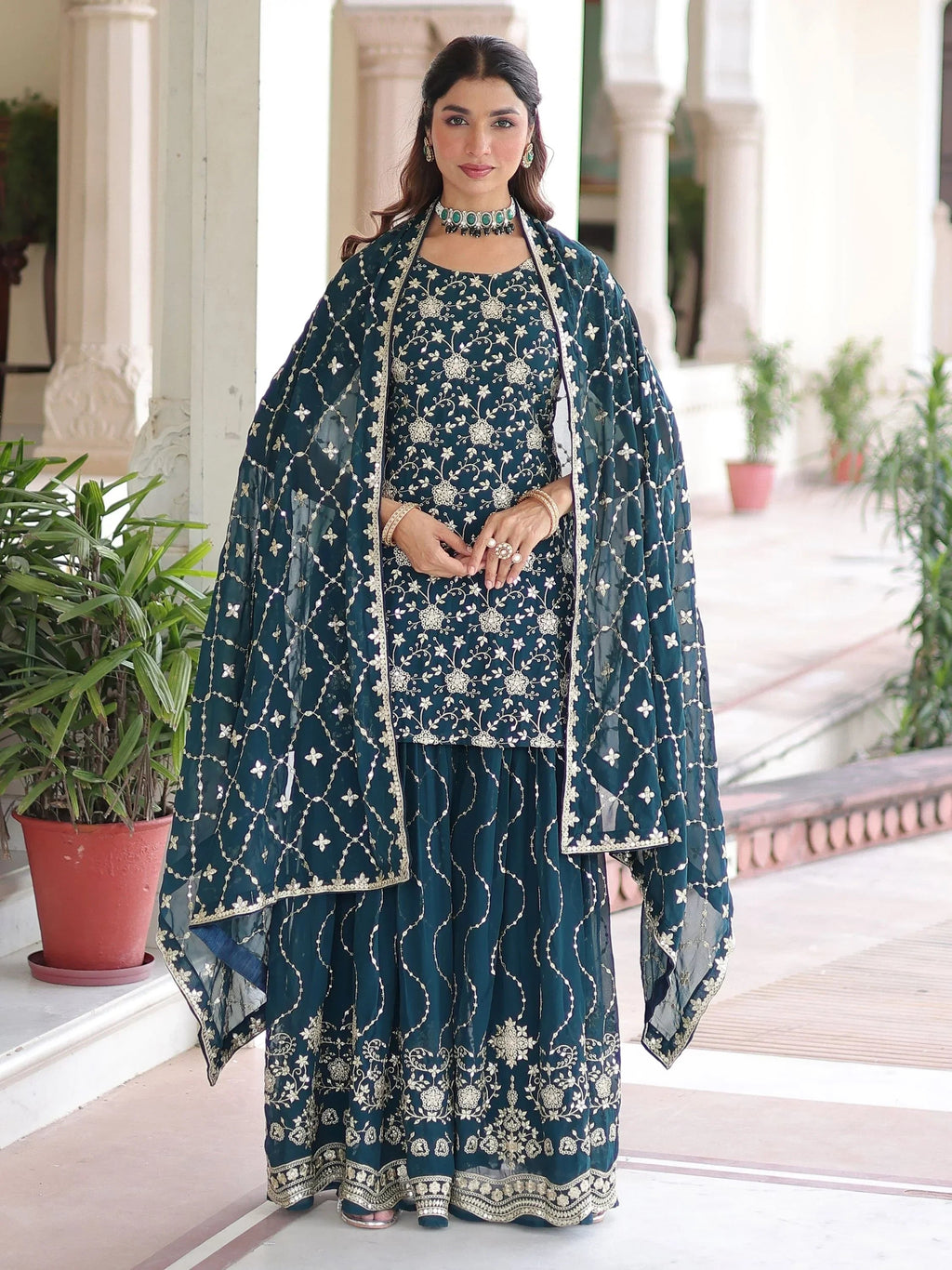 Blue Pretty Georgette Sequins Embroidered Festive Wear Sharara Suit