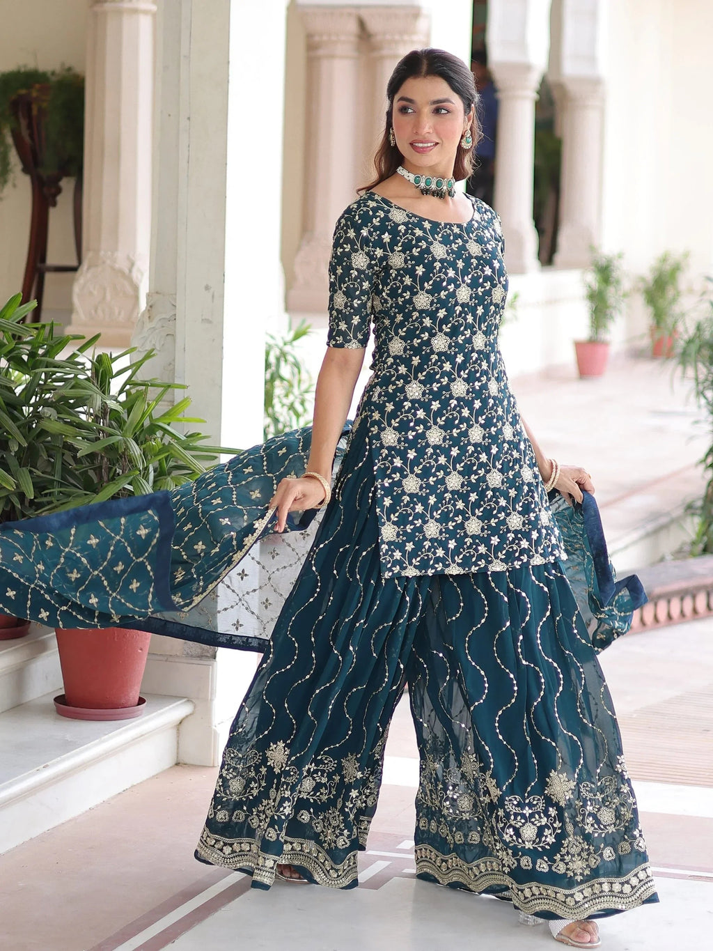 Blue Pretty Georgette Sequins Embroidered Festive Wear Sharara Suit