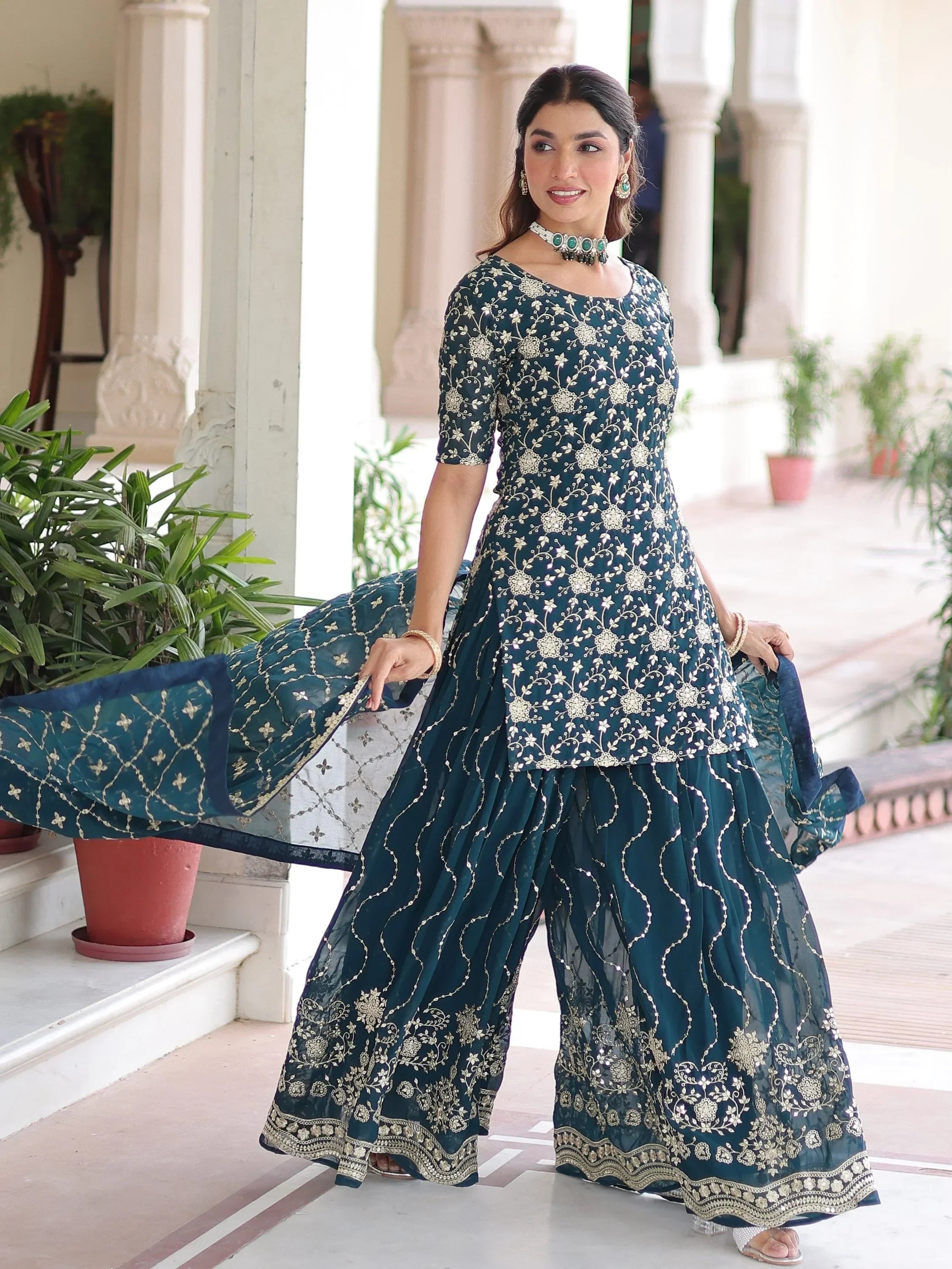 Blue Pretty Georgette Sequins Embroidered Festive Wear Sharara Suit