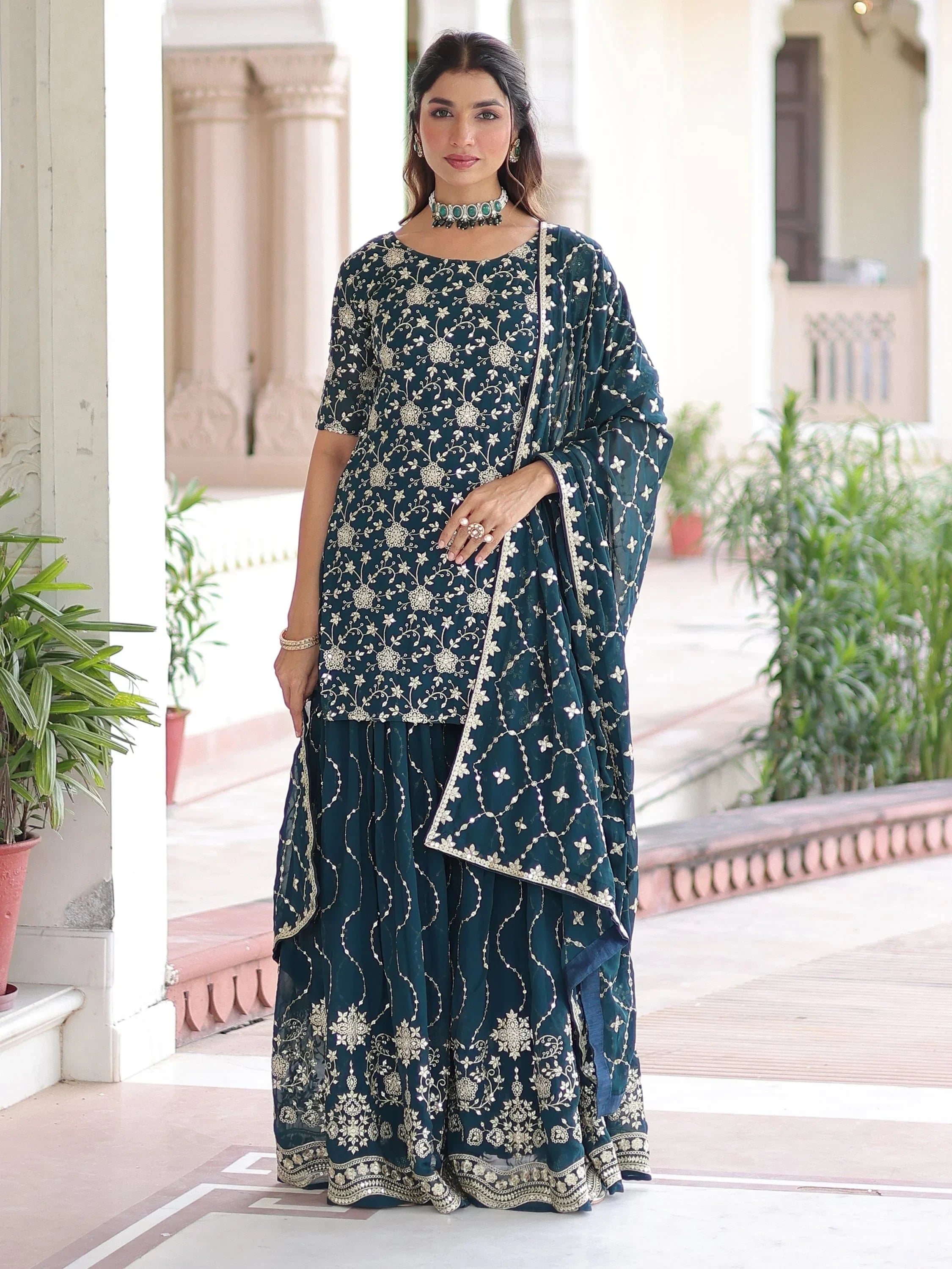 Blue Pretty Georgette Sequins Embroidered Festive Wear Sharara Suit