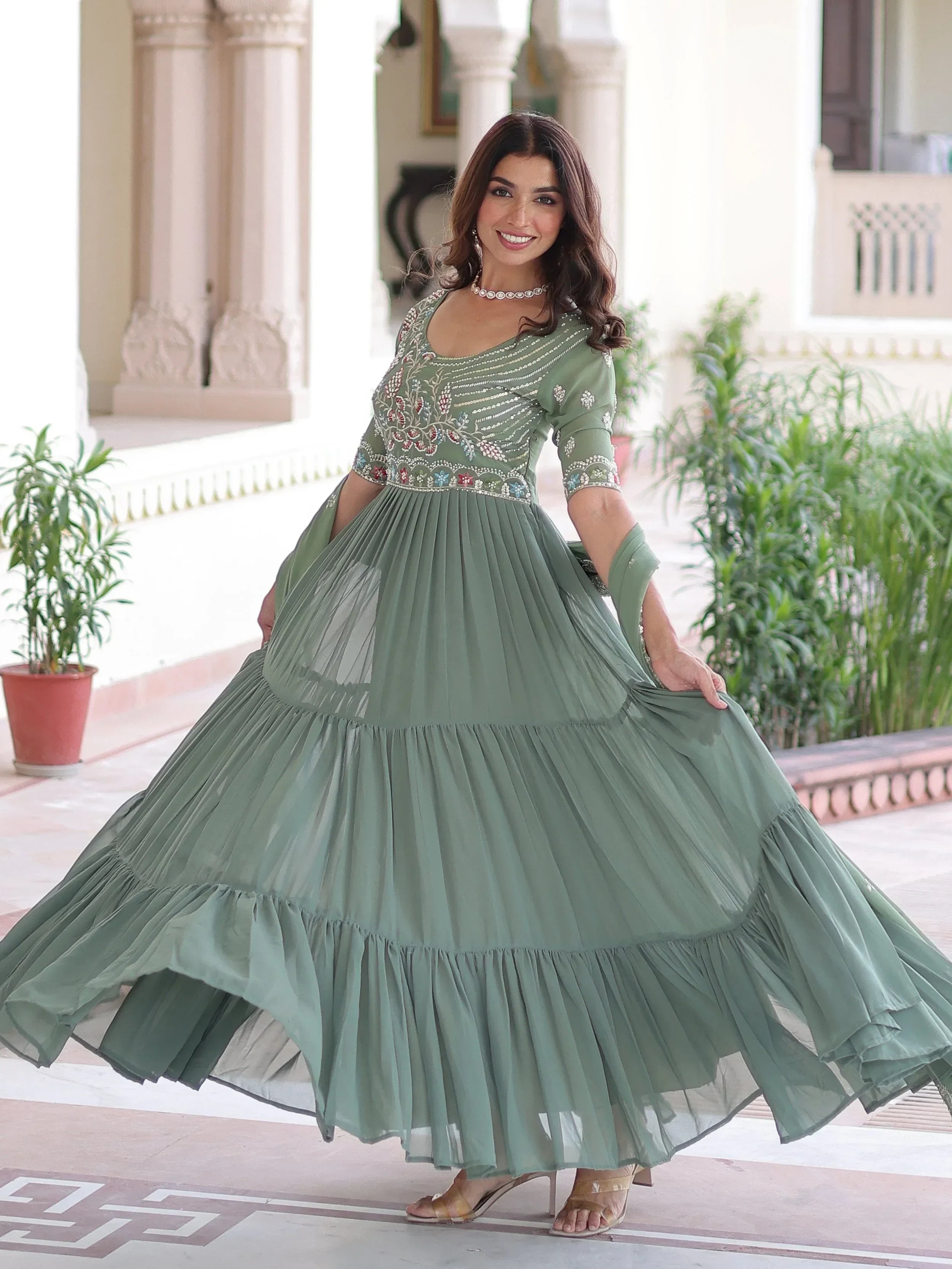 Fabulous Green Sequins Georgette Festive Wear Gown With Dupatta