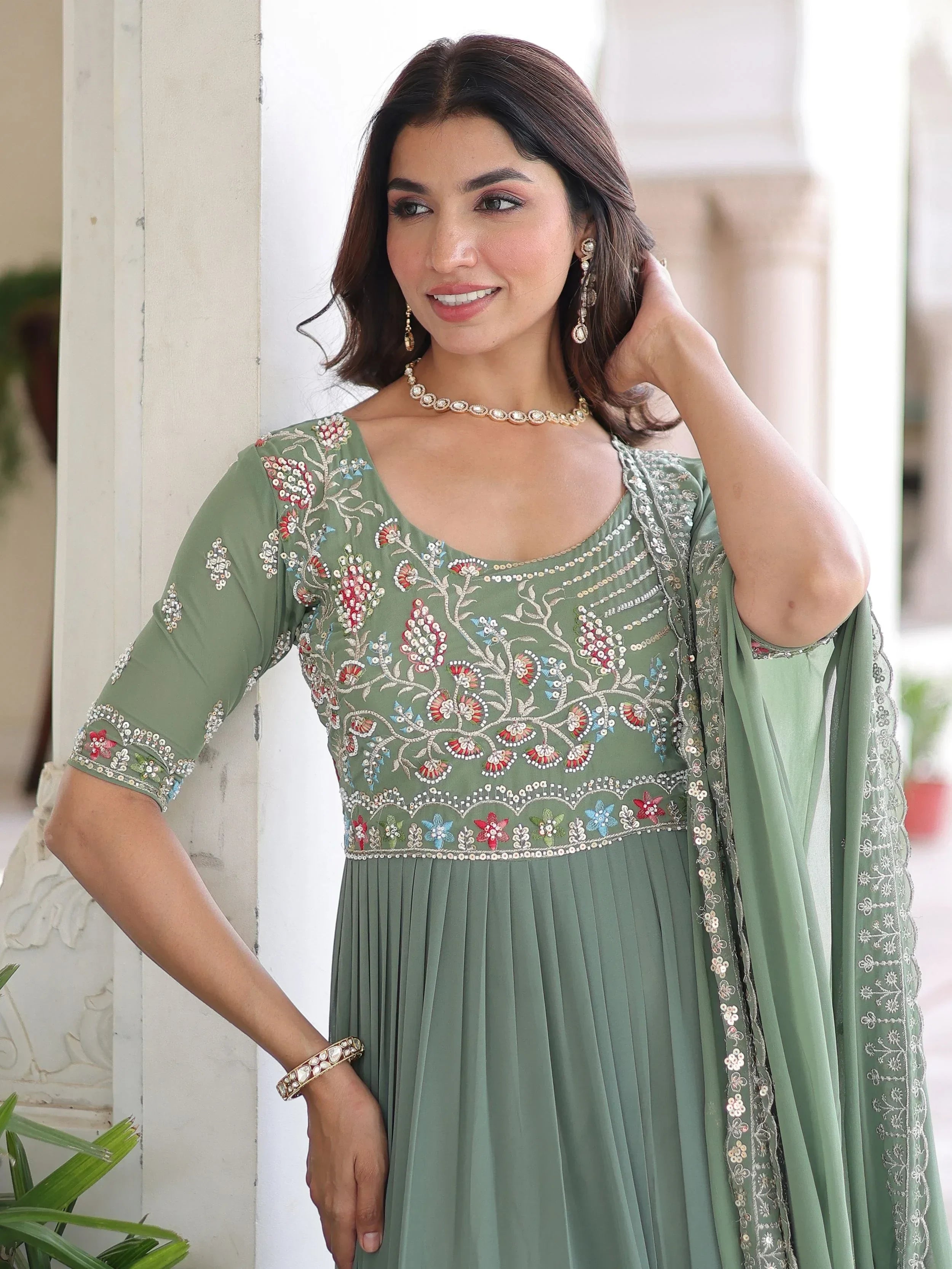 Fabulous Green Sequins Georgette Festive Wear Gown With Dupatta