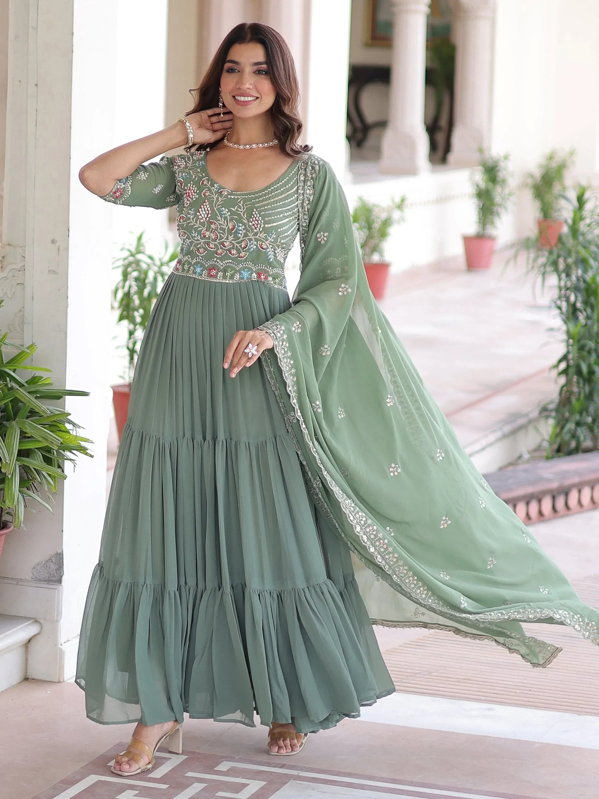Fabulous Green Sequins Georgette Festive Wear Gown With Dupatta